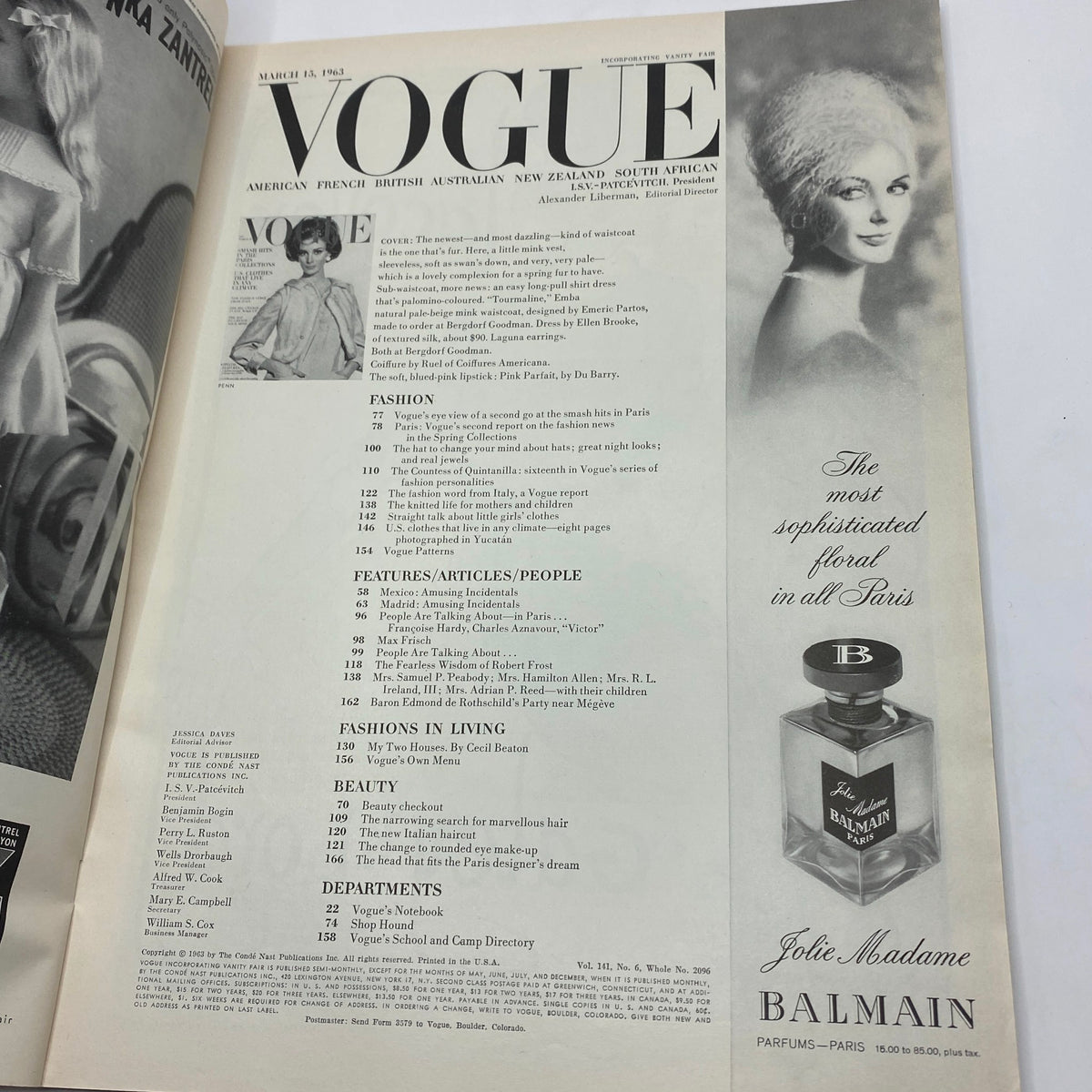 Interior page of VTG Vogue Magazine March 15 1963 featuring contents listing and iconic fashion imagery, showcasing the classic style and design of the era.