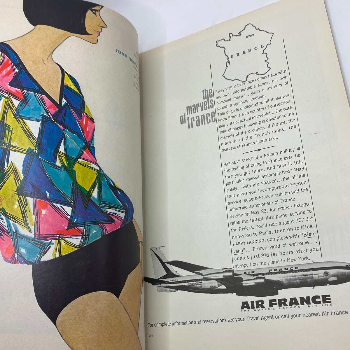Another interior page of VTG Vogue Magazine March 15 1963, highlighting a stylish illustration and advertisement related to travel, emphasizing the fashion and cultural themes of the 1960s.