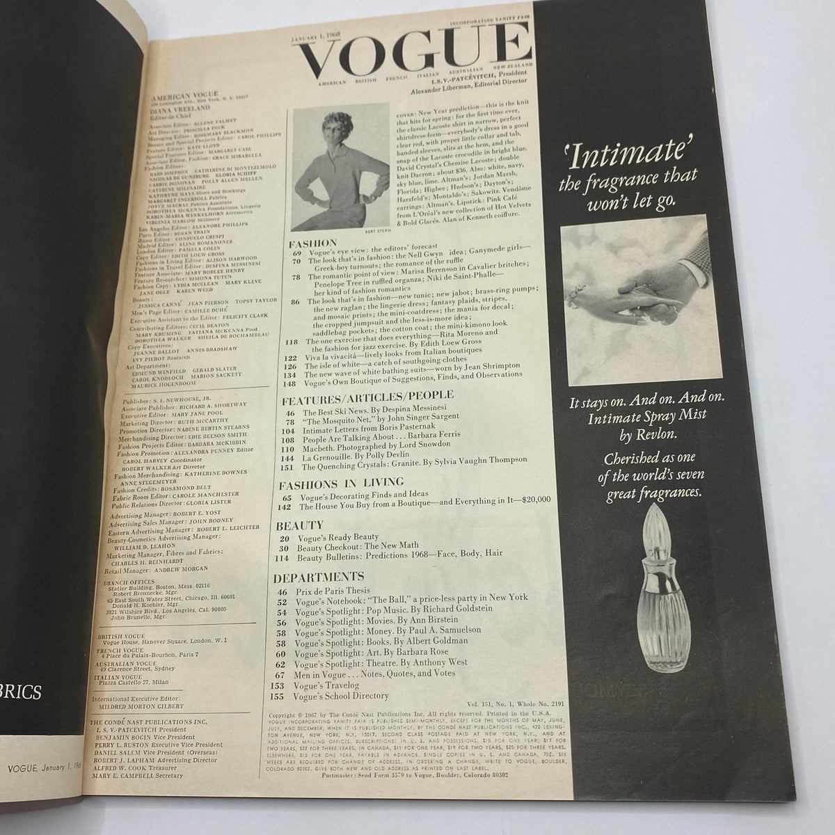 Interior page of VTG Vogue Magazine January 1 1968 featuring contents and a model in a vintage fashion image.