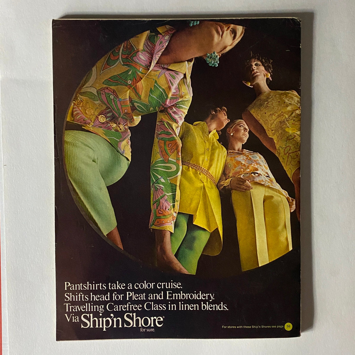 Back cover of VTG Vogue Magazine January 1 1968 featuring models in colorful pantshirts with a focus on vibrant fashion trends.