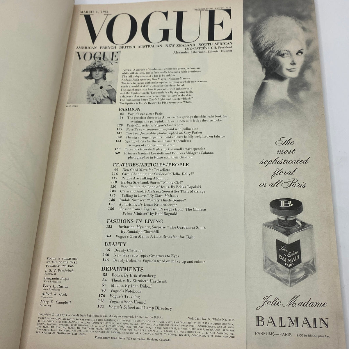 Inside page of Vogue Magazine March 1, 1964, showcasing the magazine layout, contents, and editorial notes, highlight of fashion features and articles.