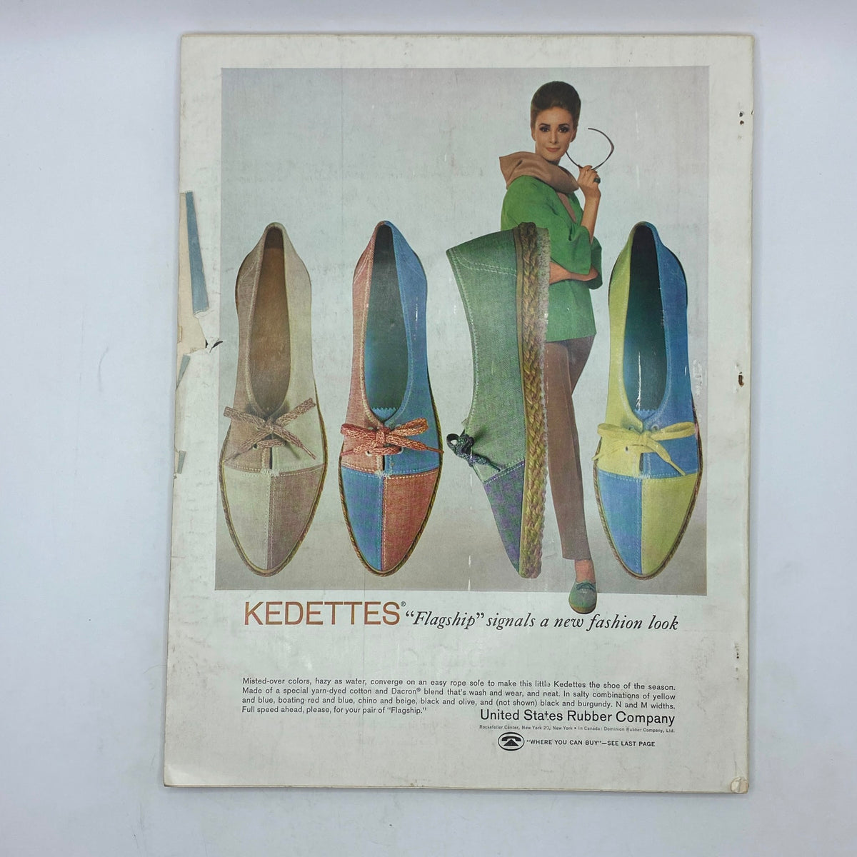 VTG Vogue Magazine March 1 1964 displaying a fashion advertisement for Kedettes shoes, illustrating vibrant and colorful footwear alongside a model, highlighting 1960s fashion trends.