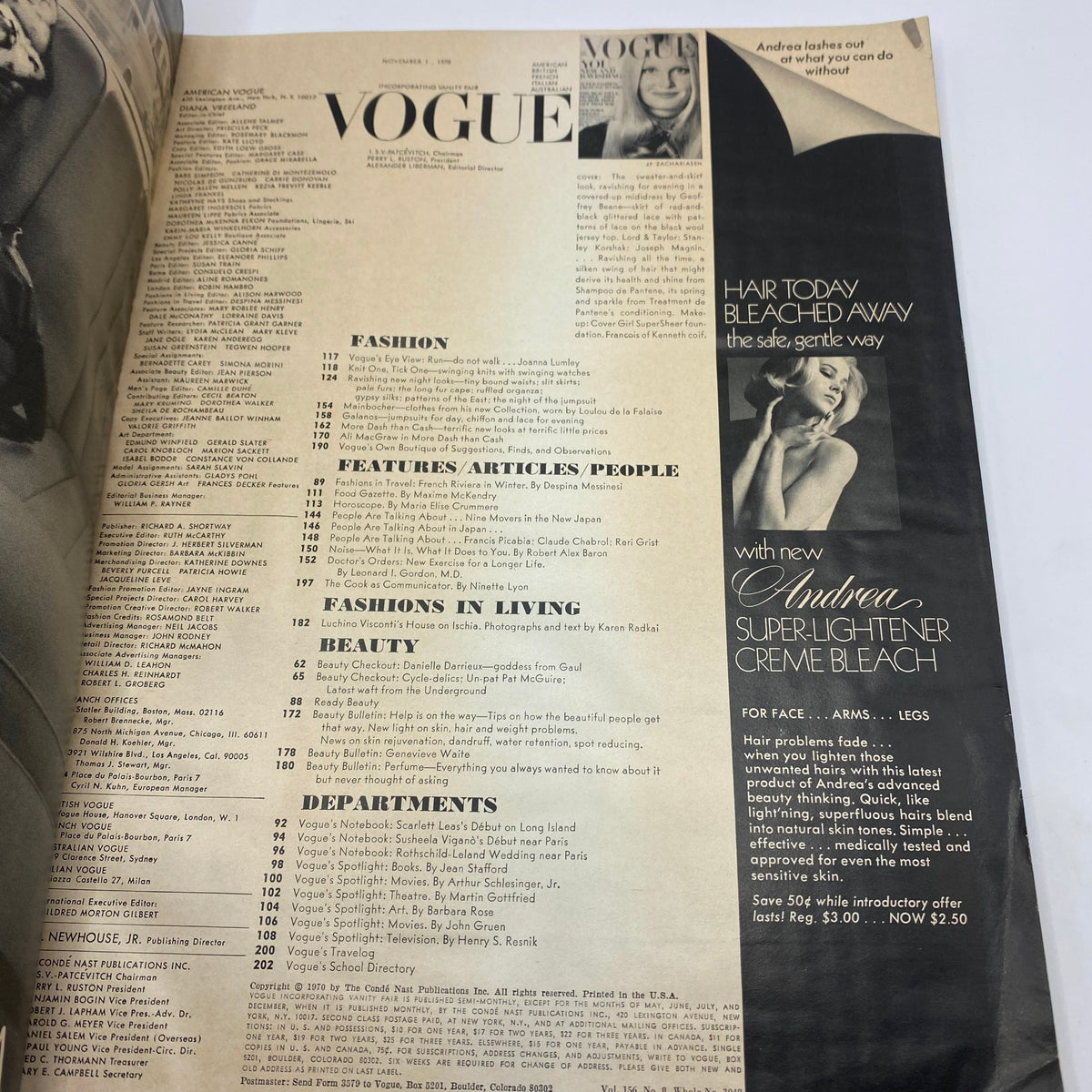 Interior page of VTG Vogue Magazine November 1 1970 featuring the table of contents, showcasing articles and sections including fashion, beauty, and features. Cover model Gunilla Lindblad by photographer Jean-Pierre Z is highlighted.