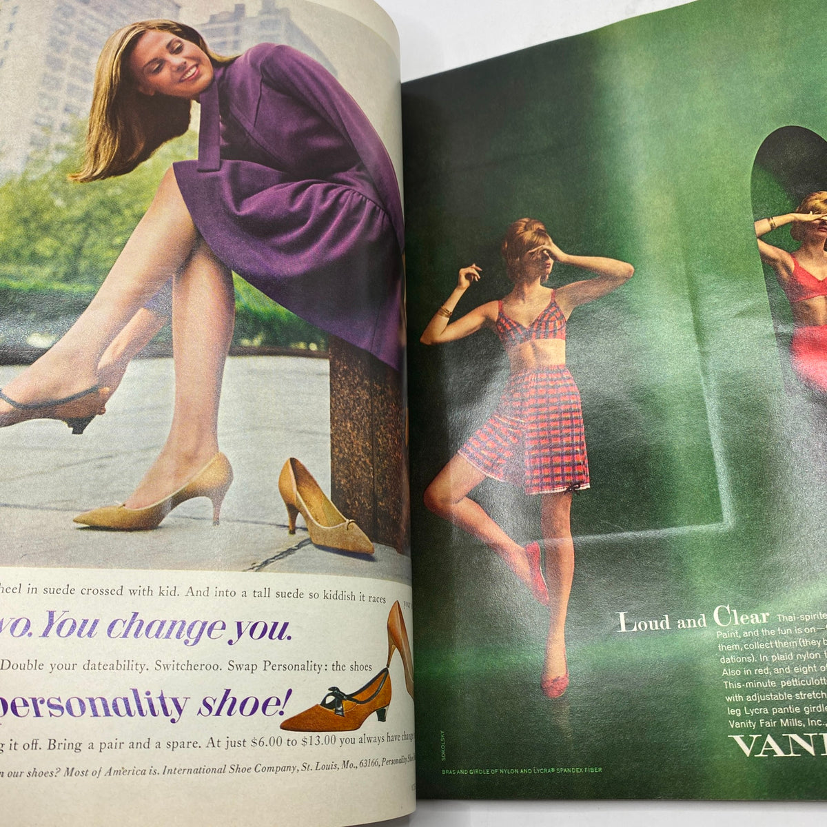 Fashion spread in VTG Vogue Magazine October 1 1965 highlighting two models in stylish outfits and footwear against a vibrant backdrop.
