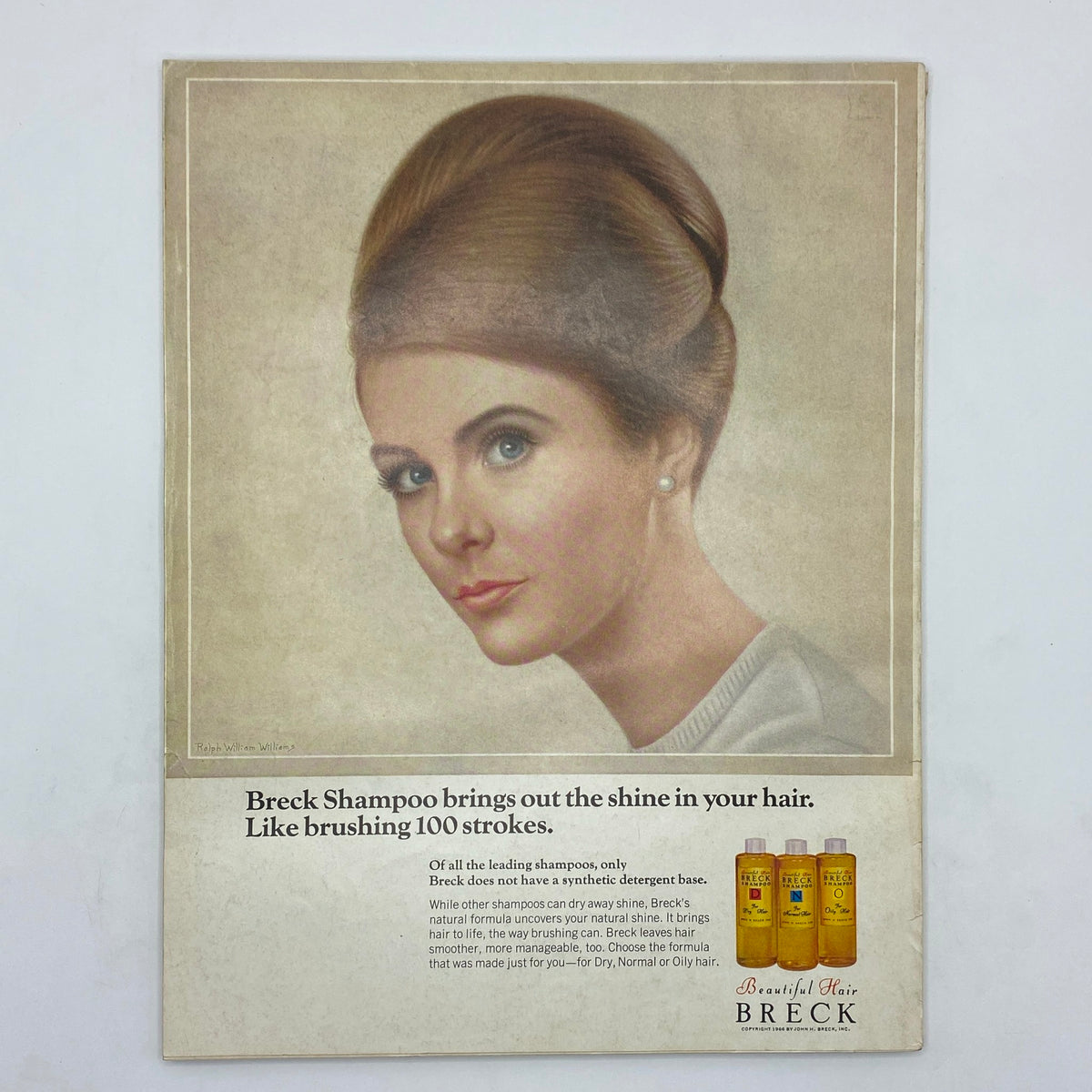 Back cover of the VTG Vogue Magazine August 15 1966 showcasing a beautiful illustration promoting Breck Shampoo with a model highlighting hair care.
