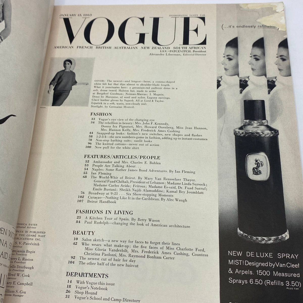 Interior page of VTG Vogue Magazine January 15, 1963 displaying the table of contents and editorial details related to fashion.