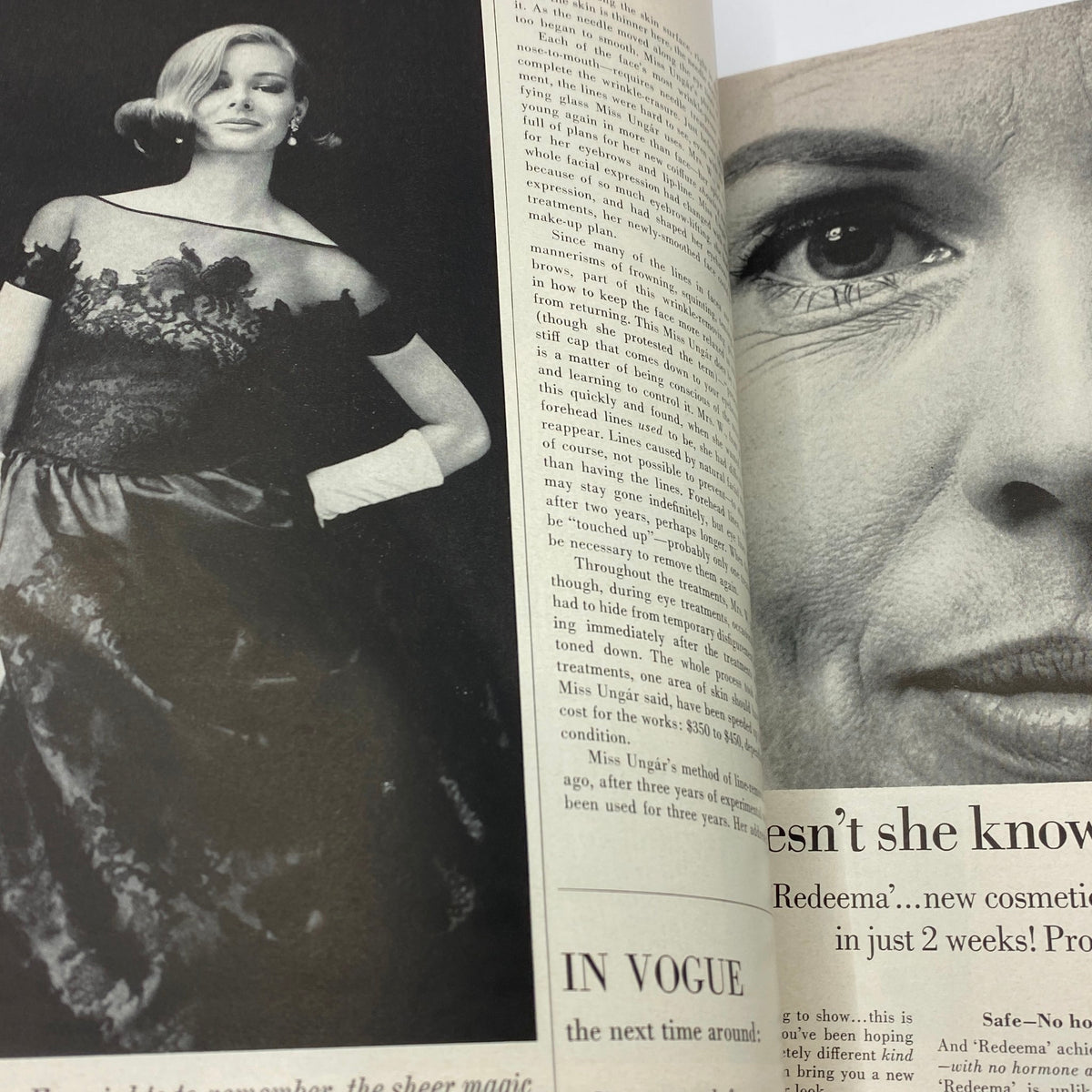 Magazine spread from VTG Vogue Magazine January 15, 1963 featuring a model in a vintage dress alongside beauty product advertisements.