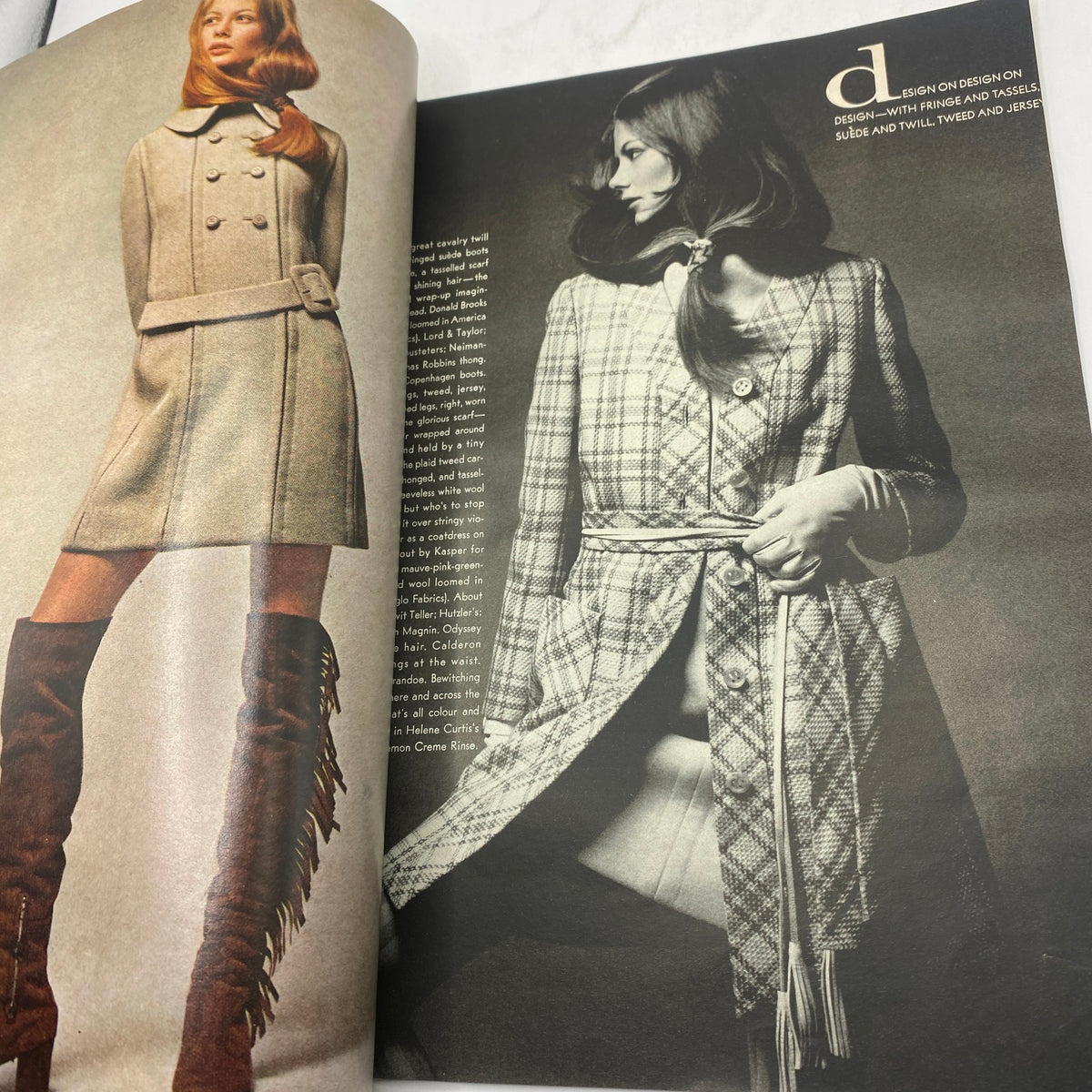Fashion editorial from VTG Vogue Magazine January 15, 1970 showcasing models in stylish outfits, including a coat and knee-high boots.