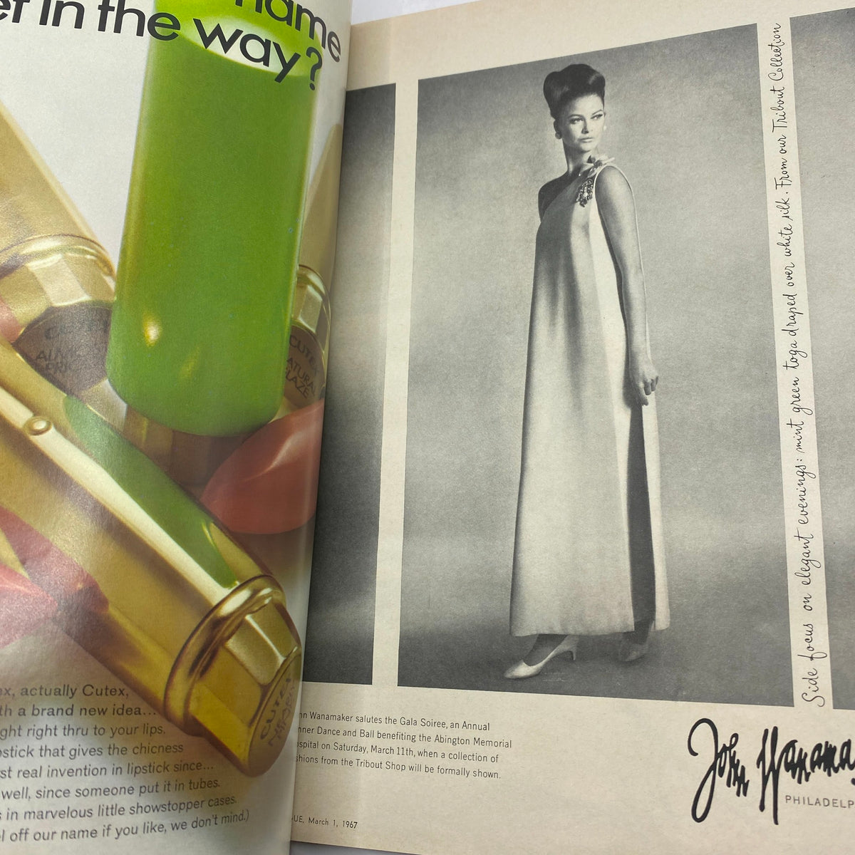 Another inside page of VTG Vogue Magazine March 1 1967 featuring a fashion advertisement and model, highlighting styles from the 1960s.