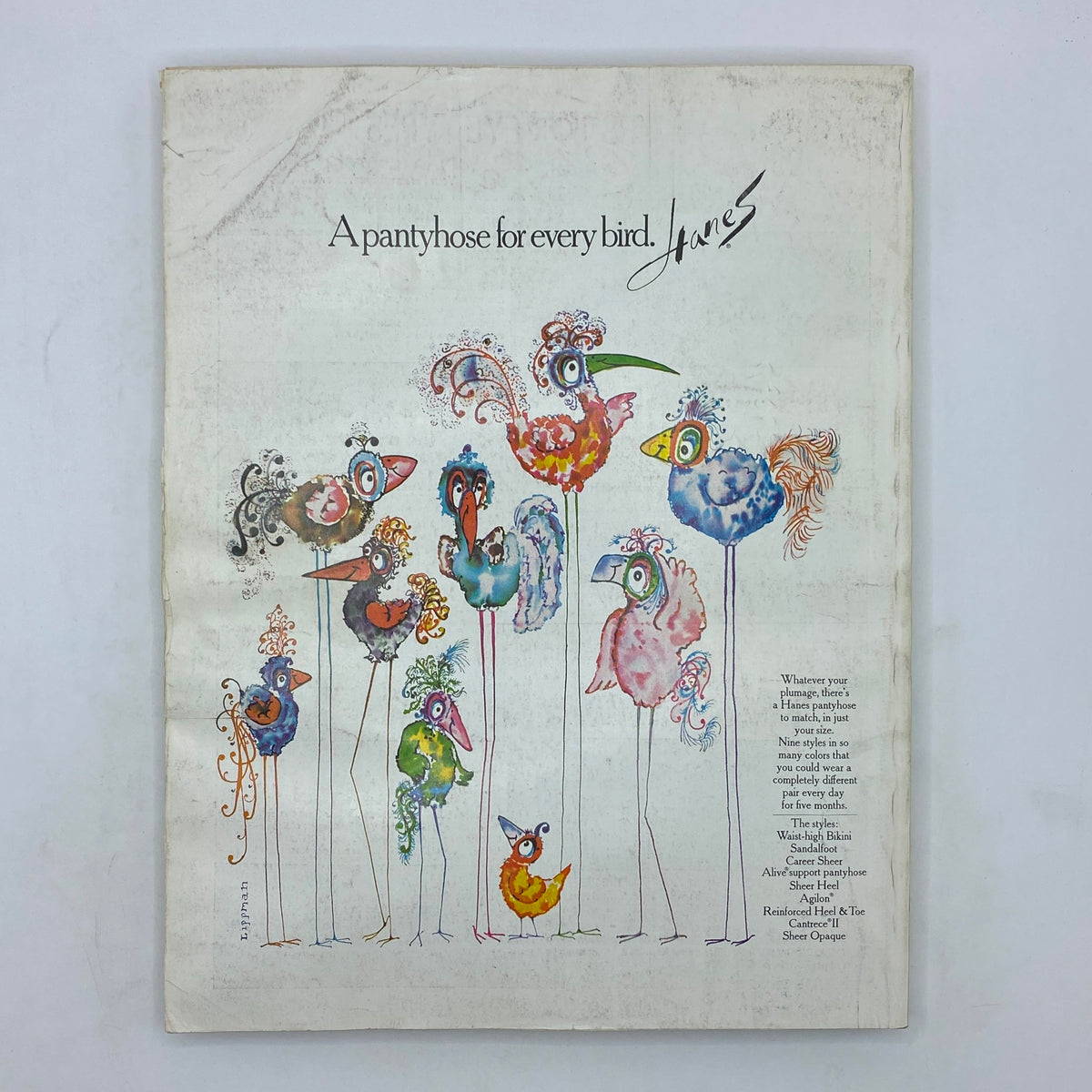 Colorful advertisement in VTG Vogue Magazine September 1 1970 for Hanes pantyhose, illustrated with whimsical bird designs.