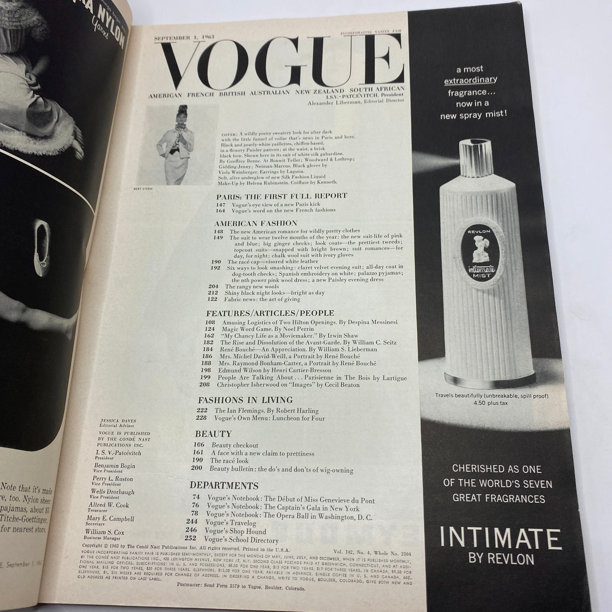 VTG Vogue Magazine September 1 1963 featuring a table of contents showcasing articles and fashion reports, emphasizing the culture of the early '60s.
