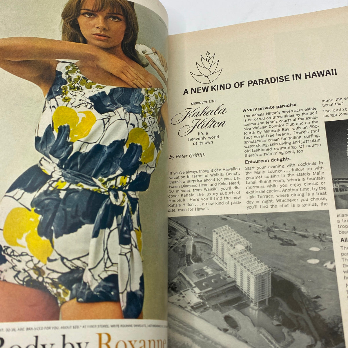 Vintage advertisement from Vogue Magazine January 1, 1964 showcasing a model in a floral outfit promoting the Kahala Hilton in Hawaii.
