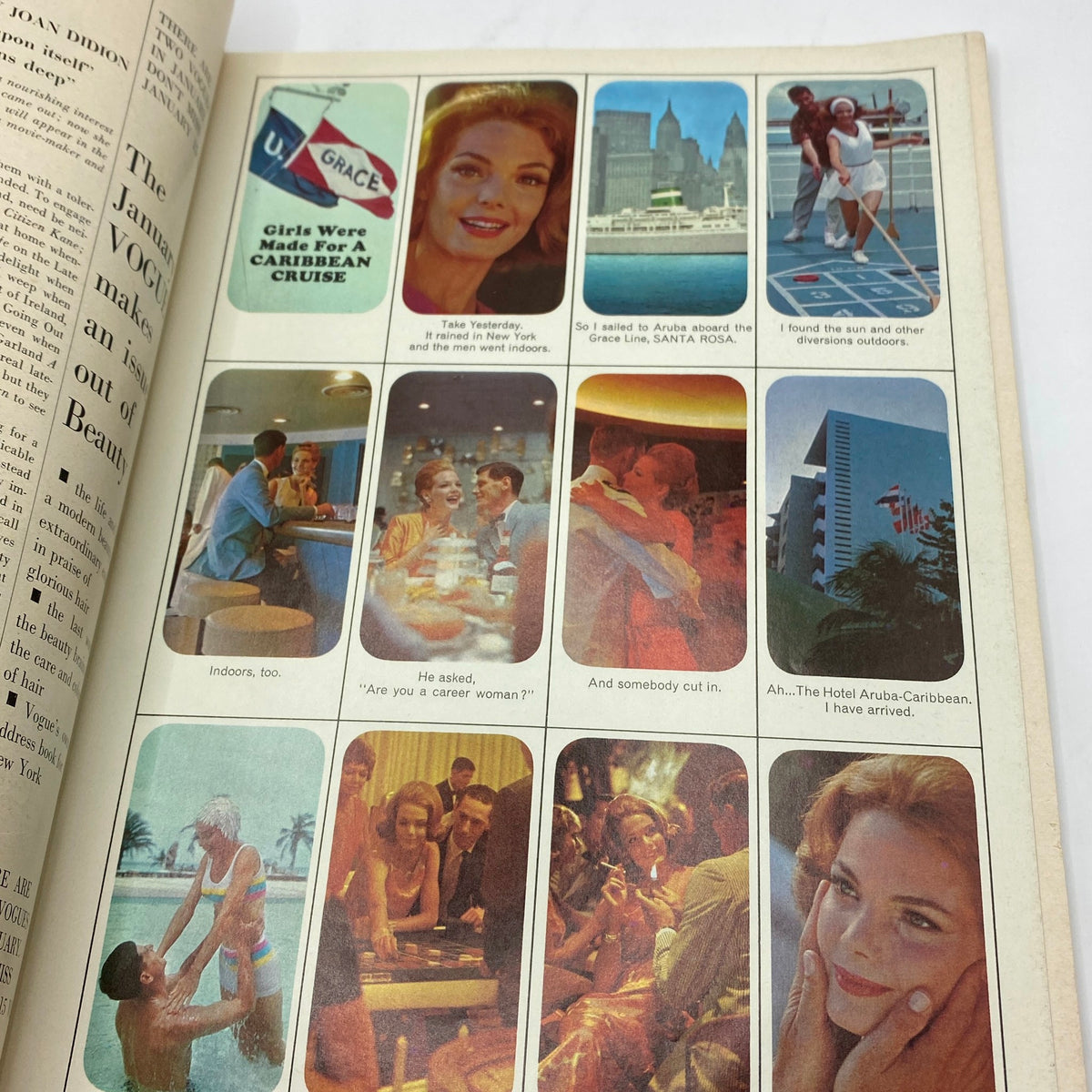 A collage of social and leisure scenes from vintage Vogue Magazine January 1, 1964, depicting interactions and experiences amid elegant settings.