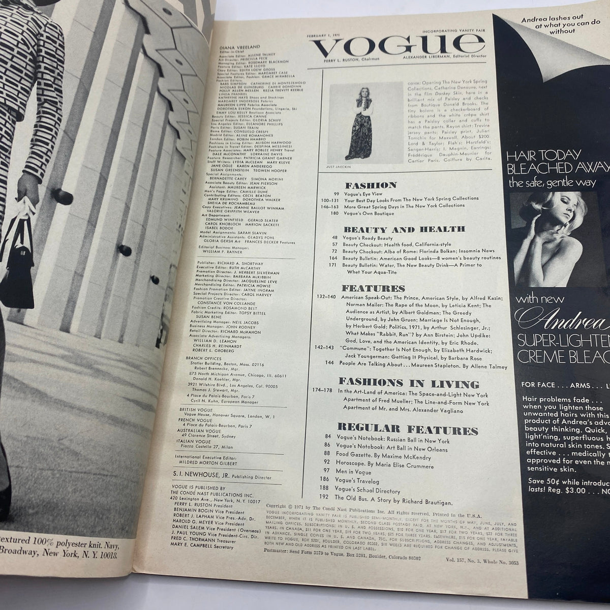 Interior page of VTG Vogue Magazine February 1 1971, displaying the table of contents and fashion articles.