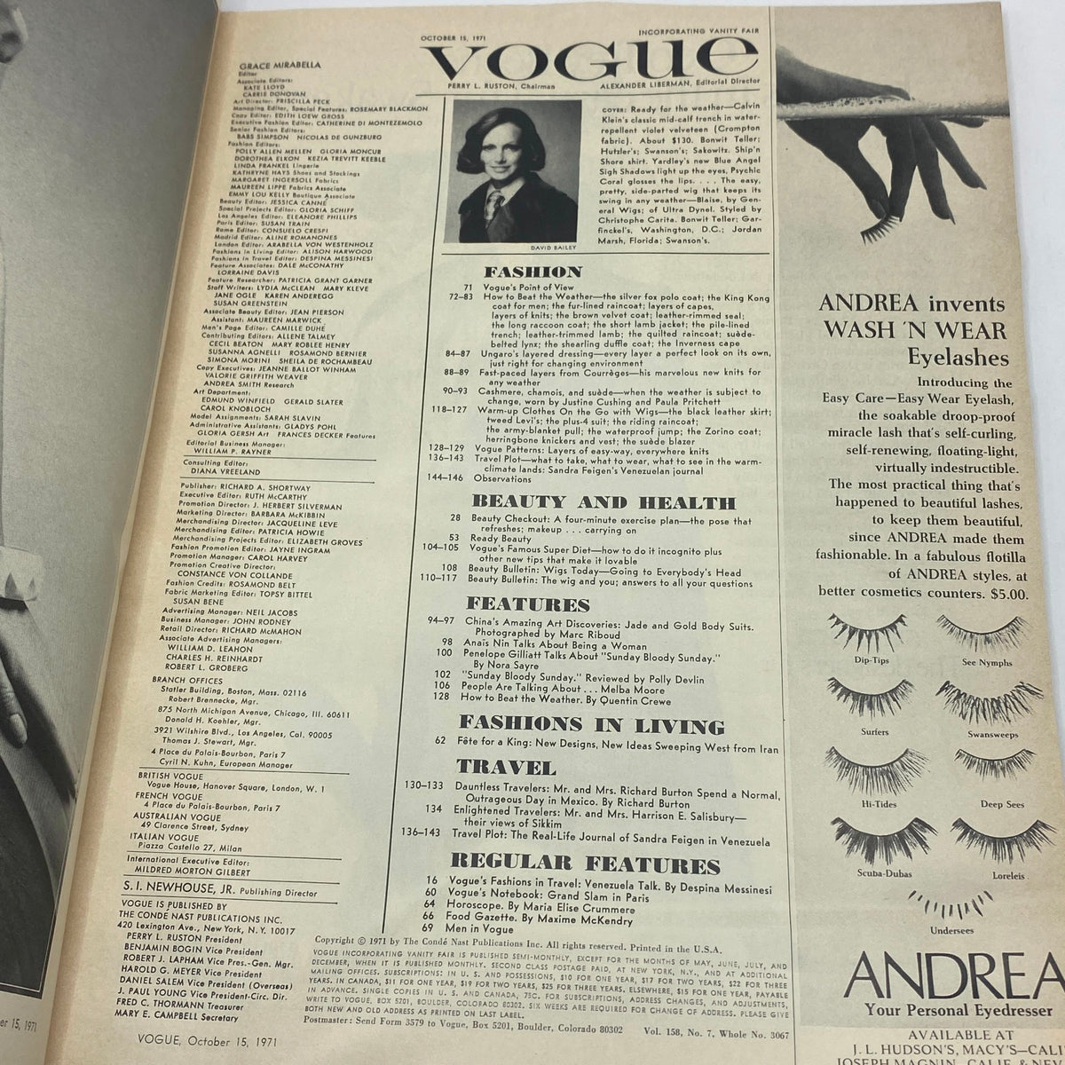 Table of contents page from VTG Vogue Magazine October 15 1971, listing various fashion and health articles along with contributors.