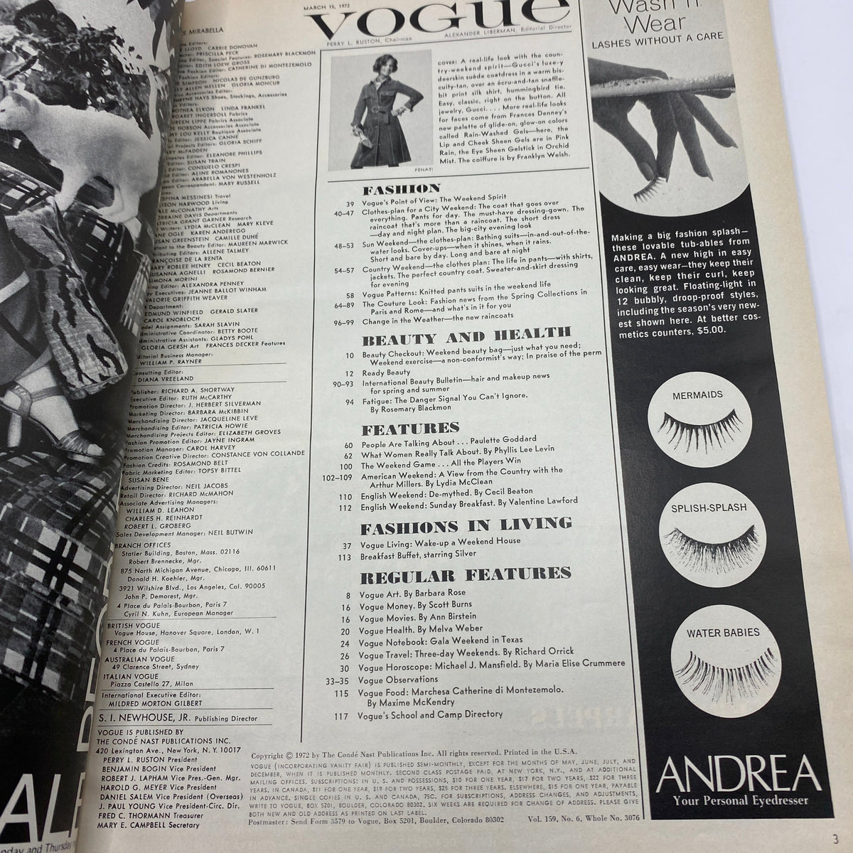 Inside page of the VTG Vogue Magazine March 15 1972 displaying contents and fashion listings, reflecting the era's beauty and style influences.