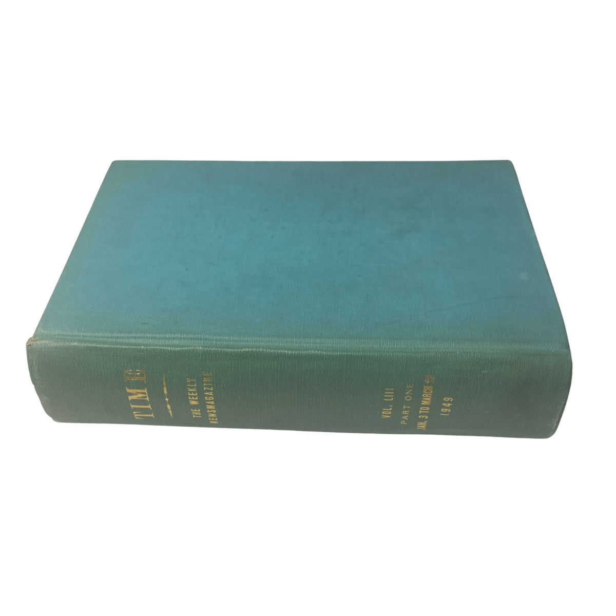 Side view of a library-bound volume of Time Magazine from January to March 1949, featuring a simple yet elegant design, suitable for display and preservation.