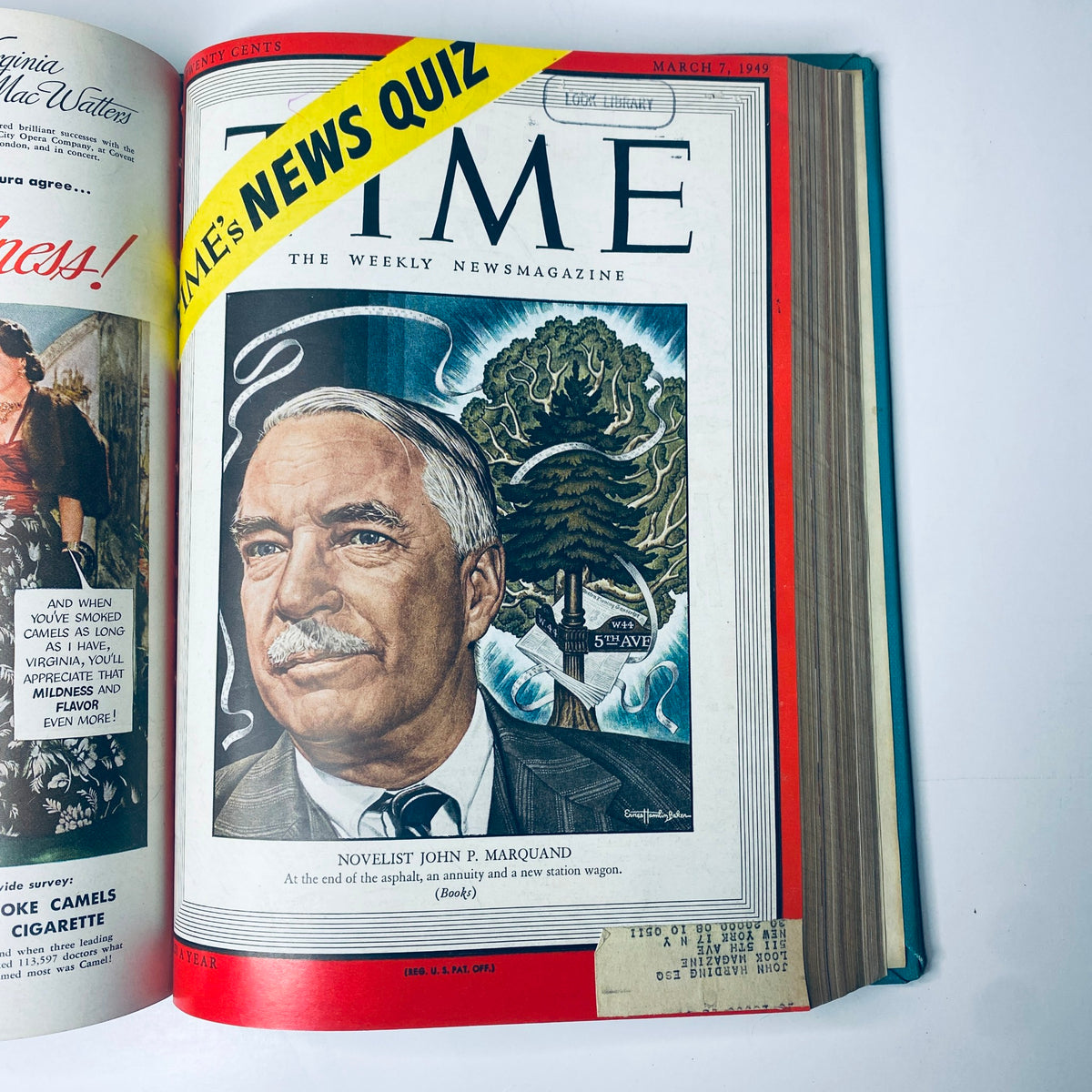 Cover of Time Magazine Library Bound Weekly January 3 to March 28, 1949 featuring novelist John P. Marquand. Includes a portrait illustration and marked 'Look Library'. Highlights the issue date of March 7, 1949.
