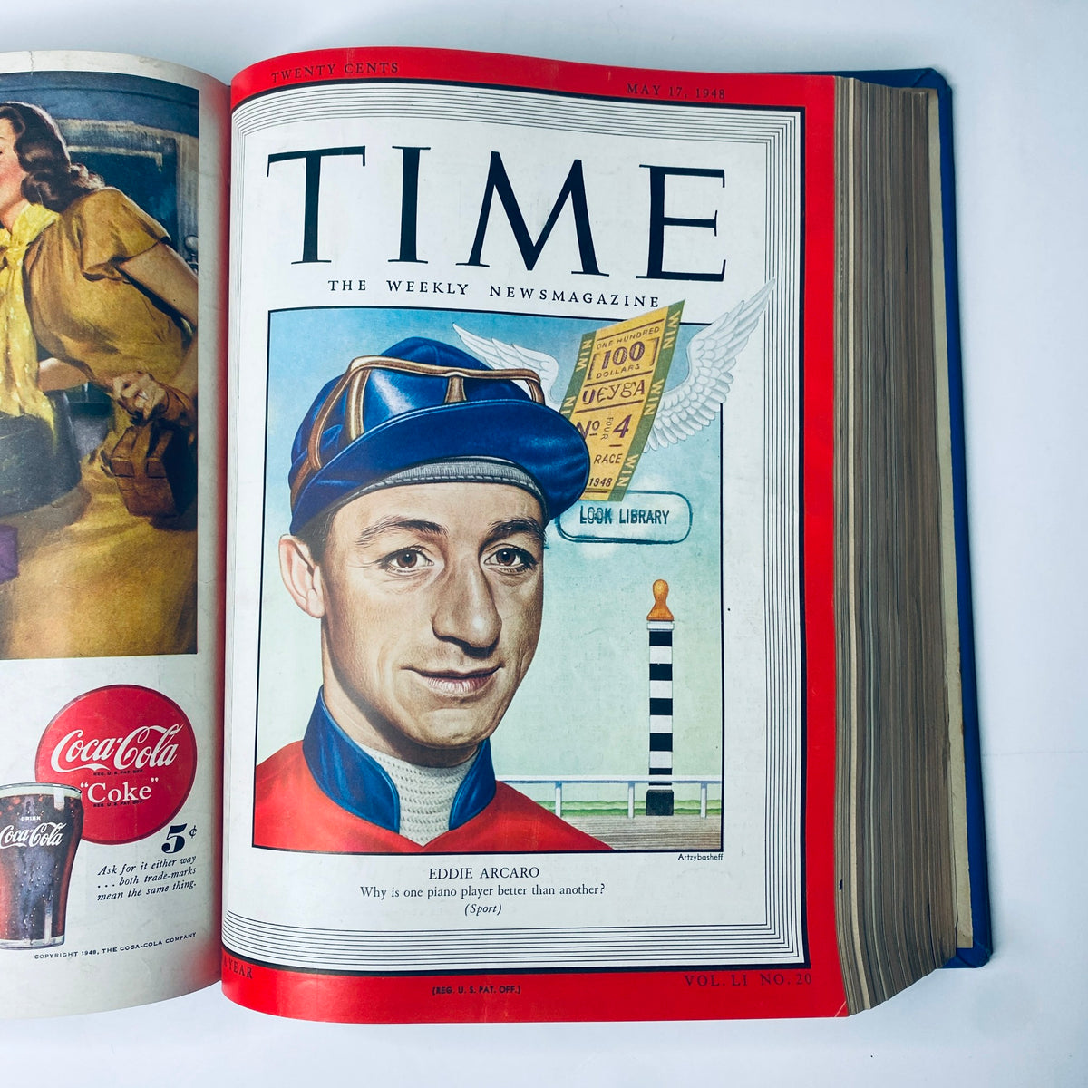 Time Magazine Library Bound Weekly April 5 to June 28, 1948 cover featuring Eddie Arcaro, the famous jockey, questioning the differences in skill among piano players.