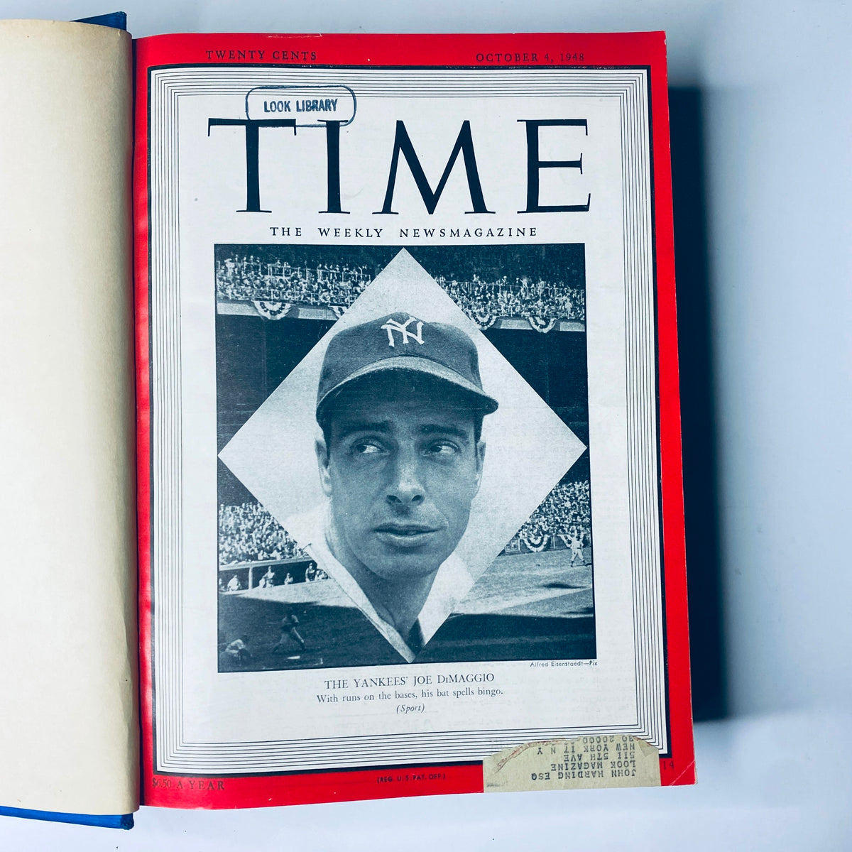 Opening page of Time Magazine Library Bound October 1948-December 1948, featuring Joe DiMaggio on the cover.
