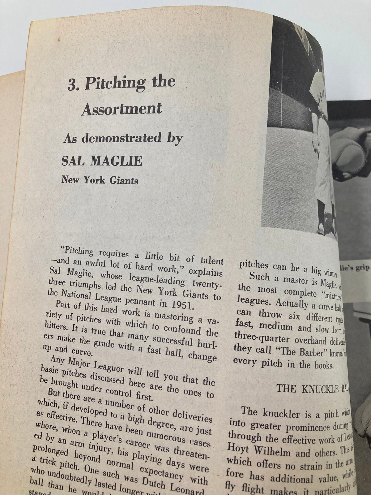 Image from September 30 1956 How To Play Championship Baseball demonstrating pitching techniques by Sal Maglie of the New York Giants.