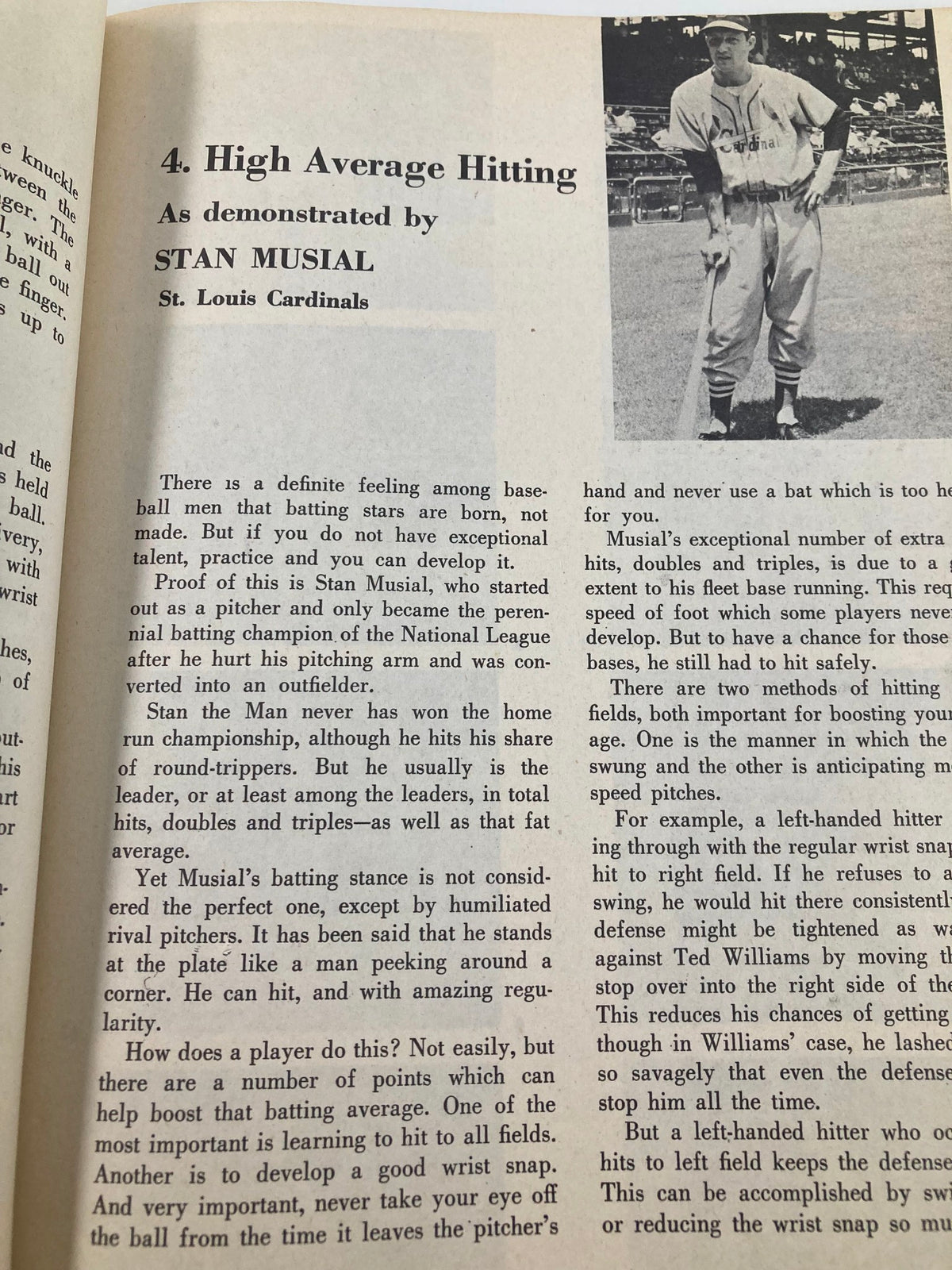 Image from September 30 1956 How To Play Championship Baseball featuring high average hitting strategies by Stan Musial of the St. Louis Cardinals.