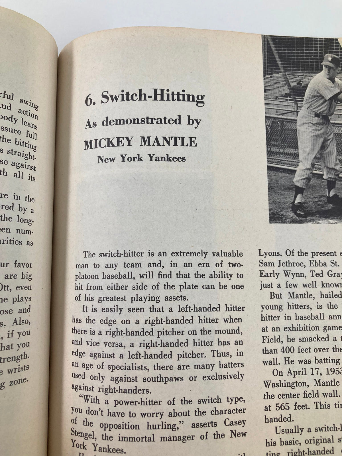 Image from September 30 1956 How To Play Championship Baseball explaining switch-hitting, as demonstrated by Mickey Mantle of the New York Yankees.