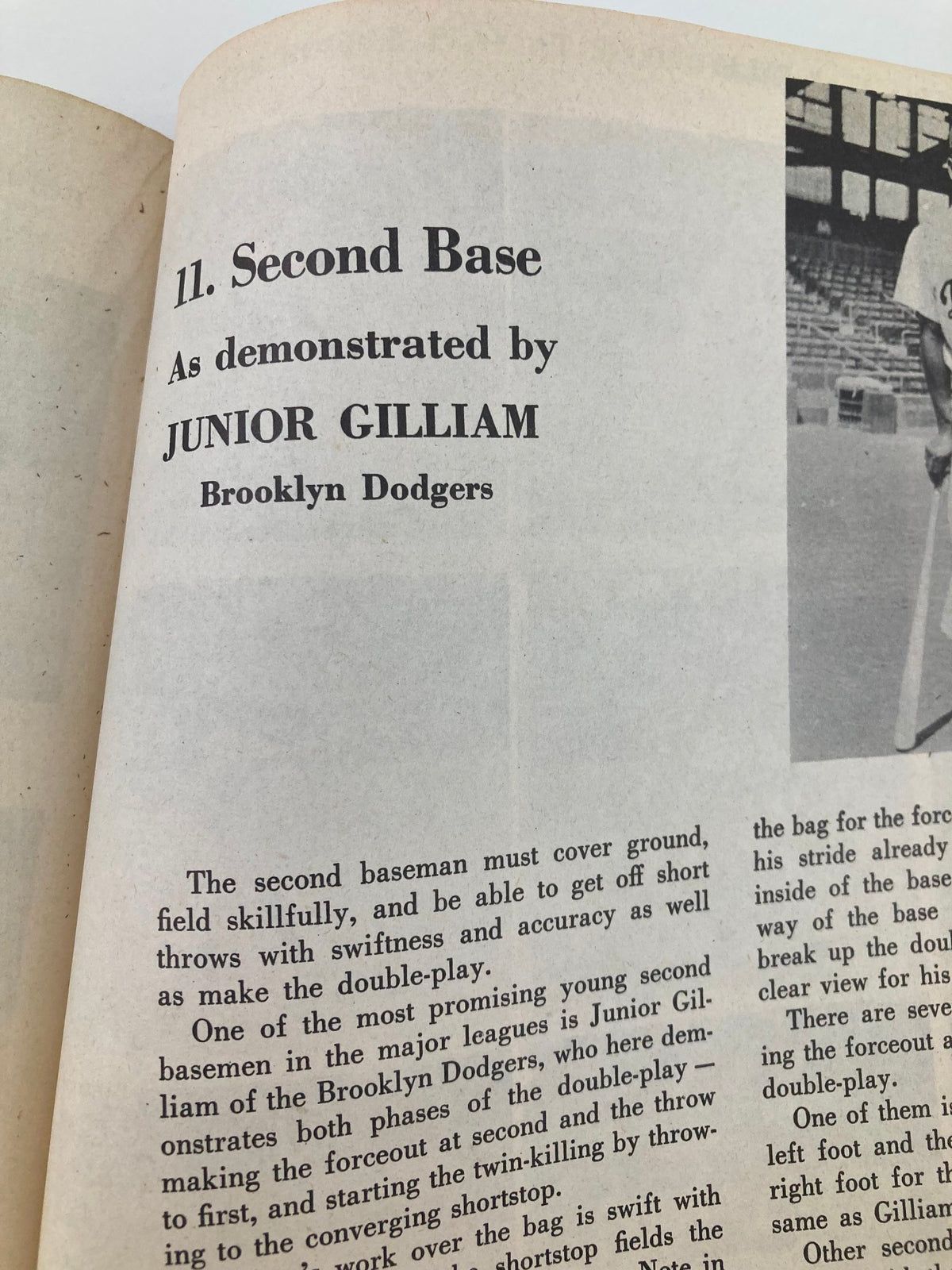 Image from September 30 1956 How To Play Championship Baseball detailing second base skills demonstrated by Junior Gilliam of the Brooklyn Dodgers.
