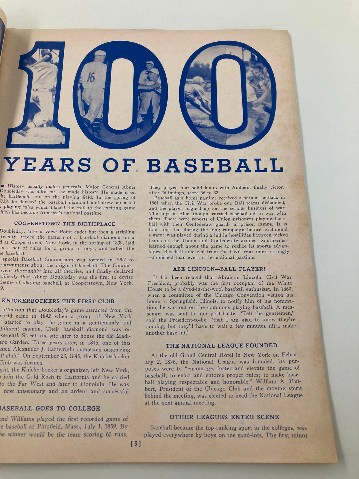 Page from 1939 America's Baseball Annual: The Wind-up highlighting a historical section titled '100 Years of Baseball', narrating the beginnings of baseball in America.
