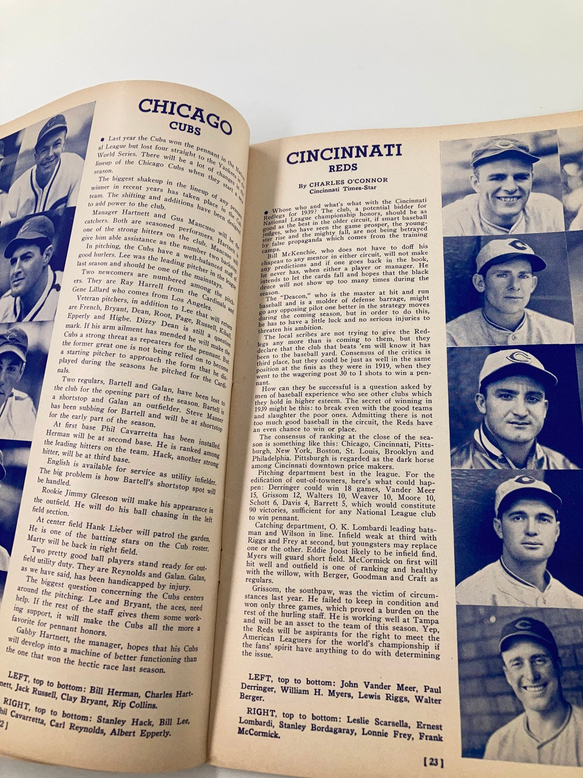 Detailed pages from 1939 America's Baseball Annual: The Wind-up that cover the Chicago Cubs and Cincinnati Reds, featuring player images and team previews for the 1939 season.