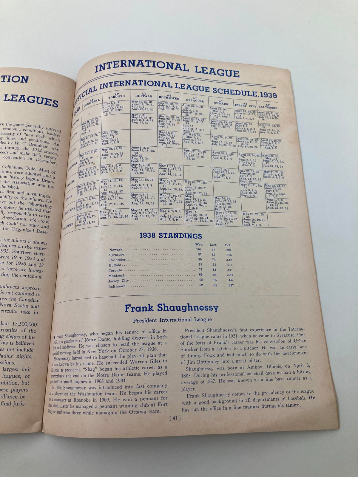 International League schedule for 1939 from 1939 America's Baseball Annual: The Wind-up MLB, reflecting game dates and standings for various teams.