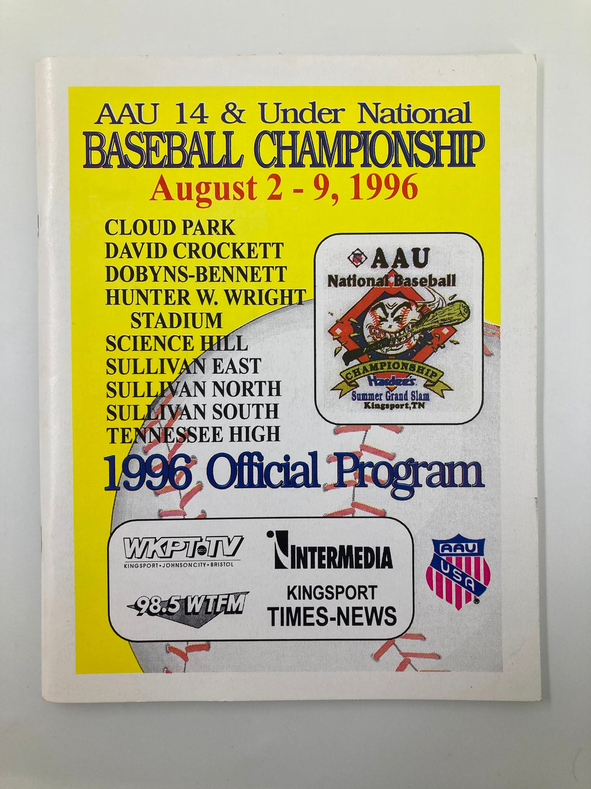Cover of the August 2-9 1996 AAU 14 & Under National Baseball Championship Official Program featuring event details and logos.
