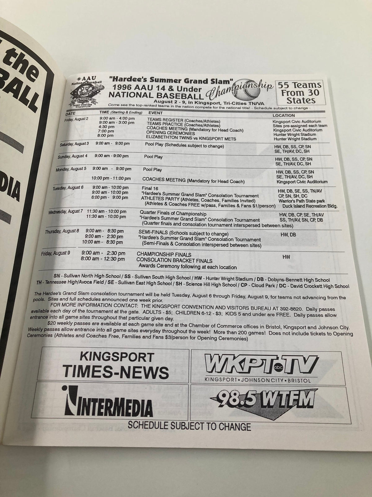 Inside page of the August 2-9 1996 AAU 14 & Under National Baseball Championship Official Program listing the schedule of events and participating teams.