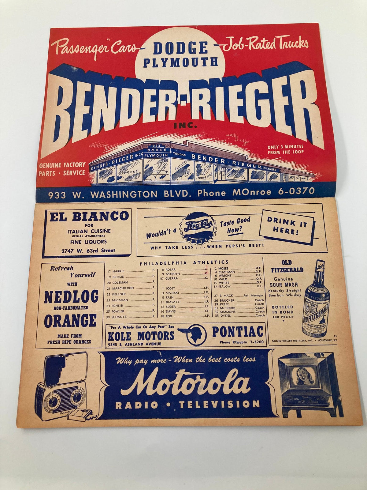 1949 Dodge Plymouth Bender-Rieger Inc. Score Cards Program showing a retro advertisement layout with a focus on the Dodge Plymouth branding, showcasing historical automotive marketing.