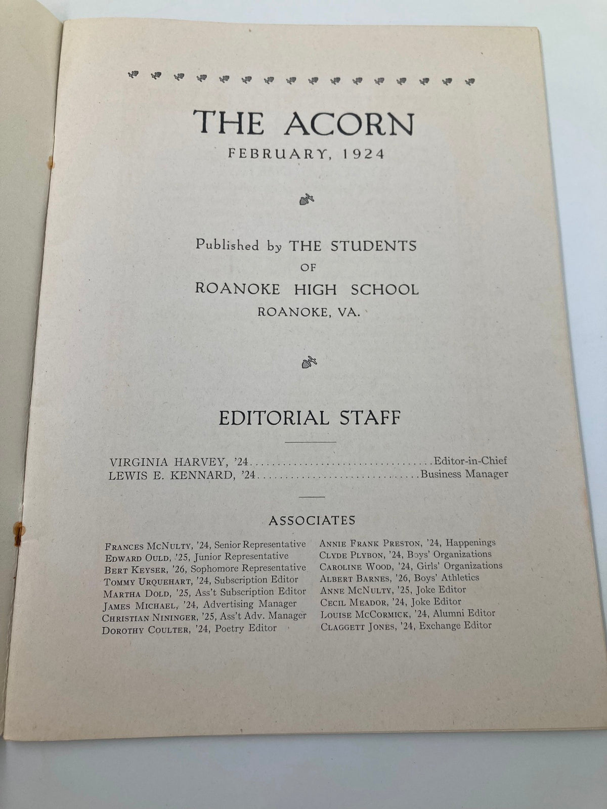 Inside page of February 1924 The Acorn, showcasing the publication details, editorial staff, and students' contributions from Roanoke High School.