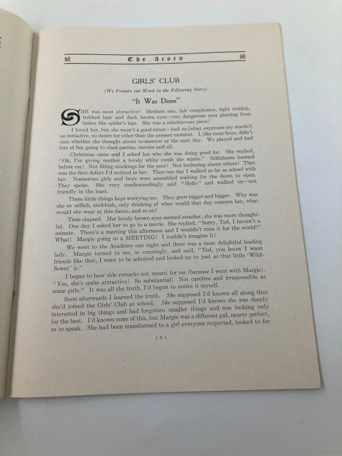 Page from February 1924 The Acorn highlighting a story from the Girls' Club, reflecting early 20th century student life at Roanoke High School.