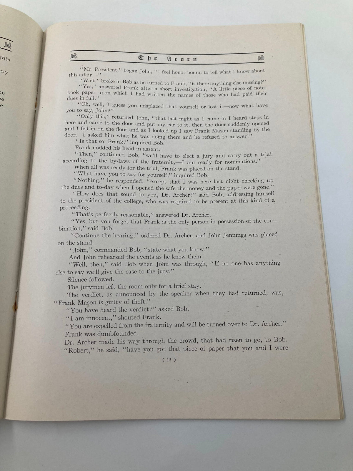 Excerpt from February 1924 The Acorn featuring a dialogue from a humorous story, illustrating student interactions at Roanoke High School.