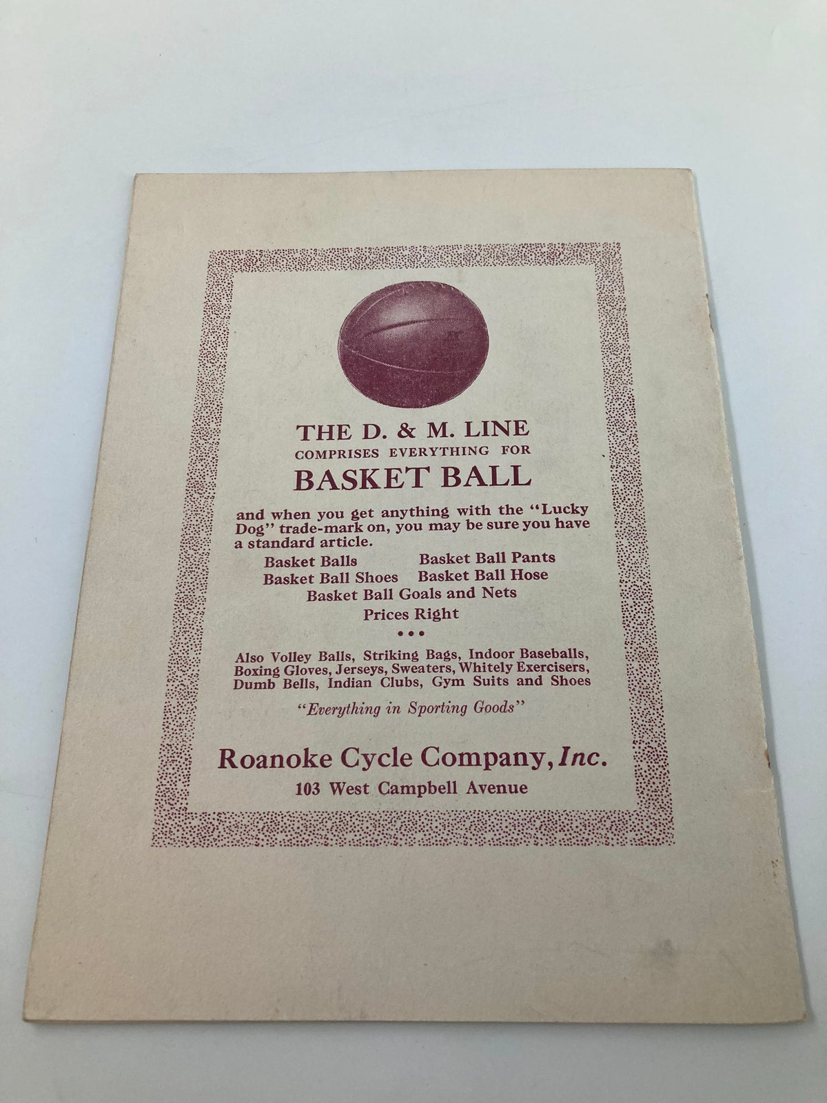 Back cover of February 1924 The Acorn advertising athletic goods, reflecting the sporting culture of Roanoke High School.
