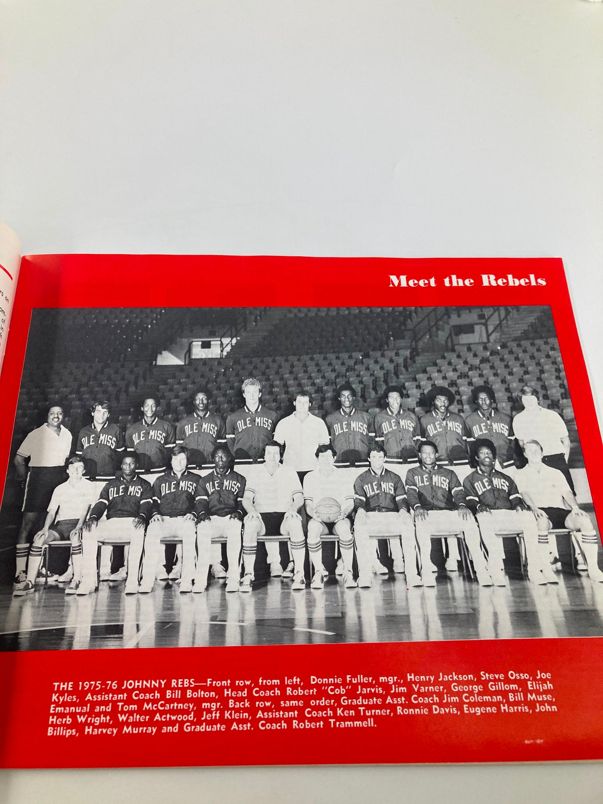 Team photo of the 1975-76 Ole Miss Rebels basketball squad from the 1975-1976 Rebel Basketball University of Mississippi Basketball Guide.