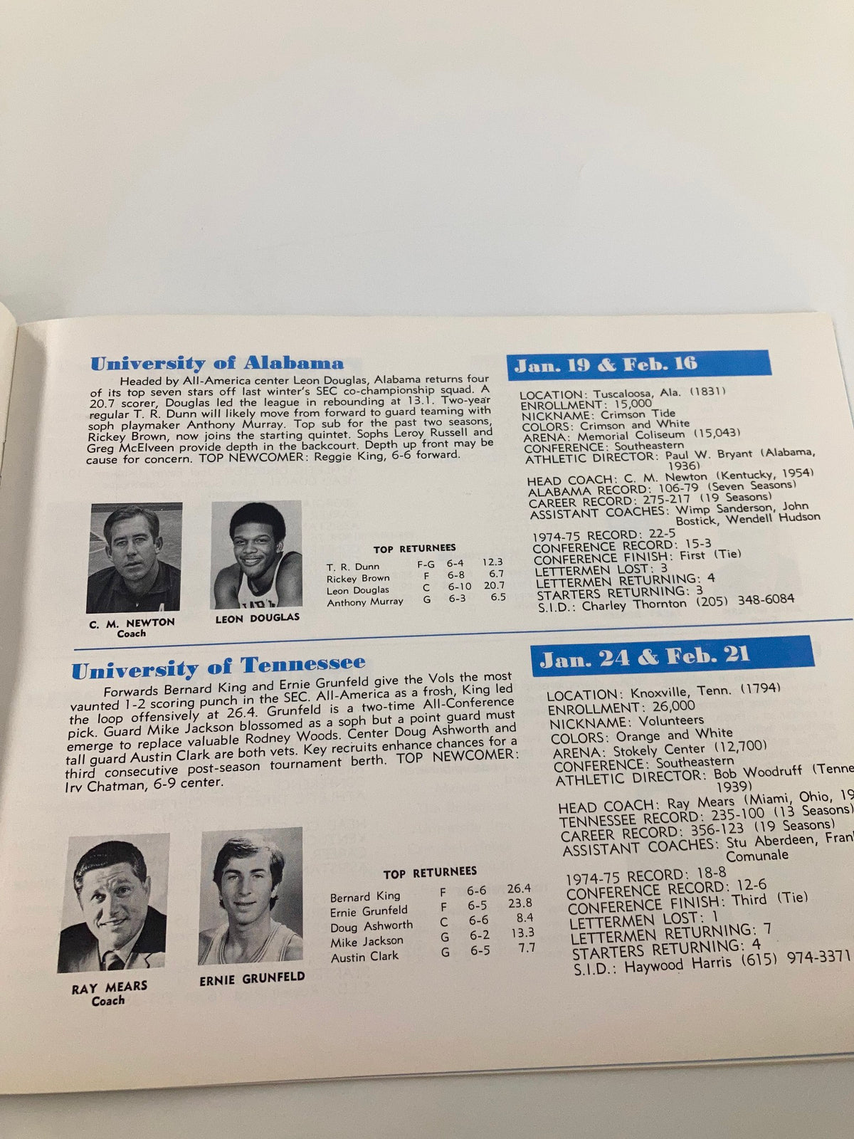 1975-1976 Rebel Basketball University of Mississippi Basketball Guide page featuring University of Alabama game details and top returning players.