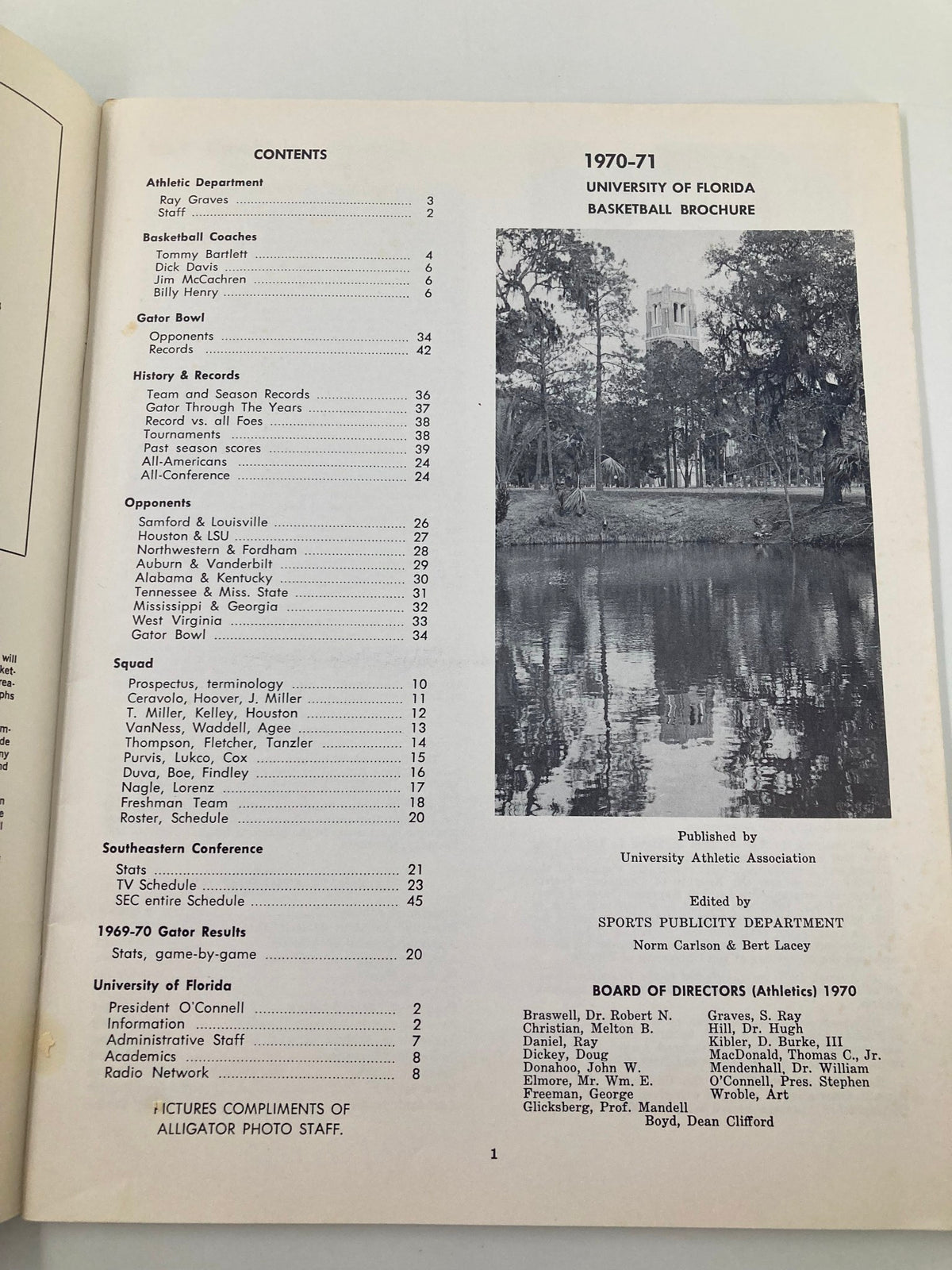 Interior page of the 1970-1971 College University of Florida Gator Basketball Brochure showing the table of contents listing basketball schedules and records.