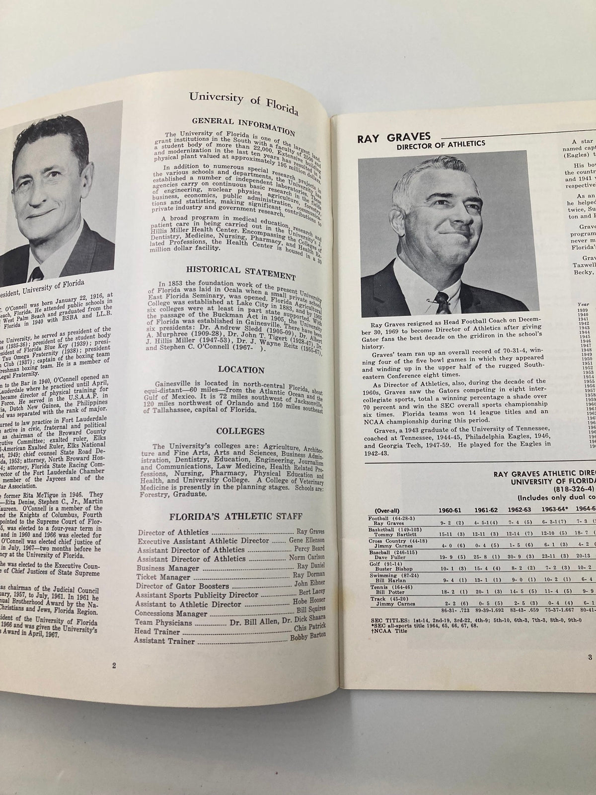 Profile page from the 1970-1971 College University of Florida Gator Basketball Brochure detailing Ray Graves, Director of Athletics, and historical information about the university.