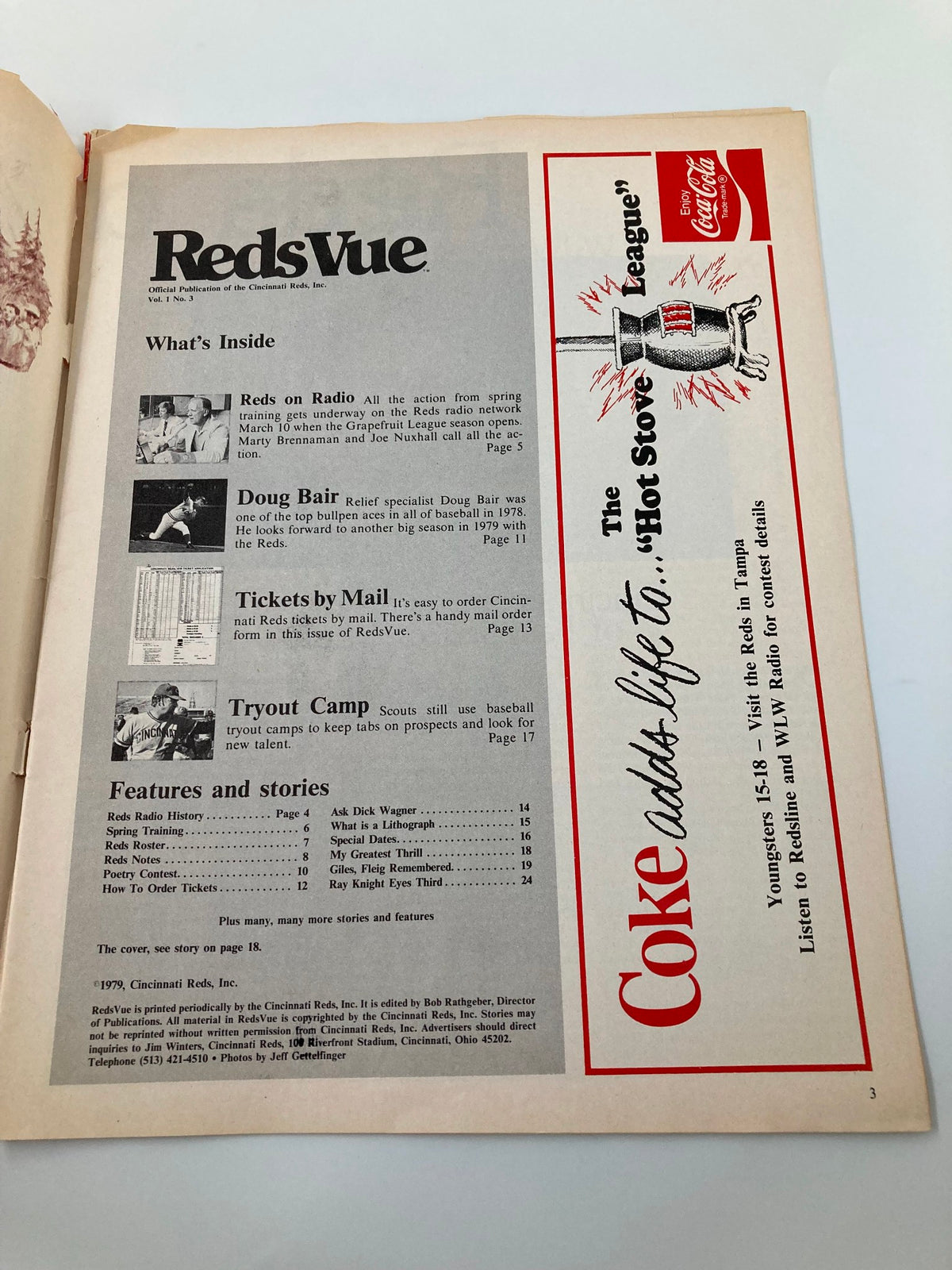 Inside page of the February 1979 Reds Vue Spring Training Opens Official Magazine, featuring content overview and feature highlights.