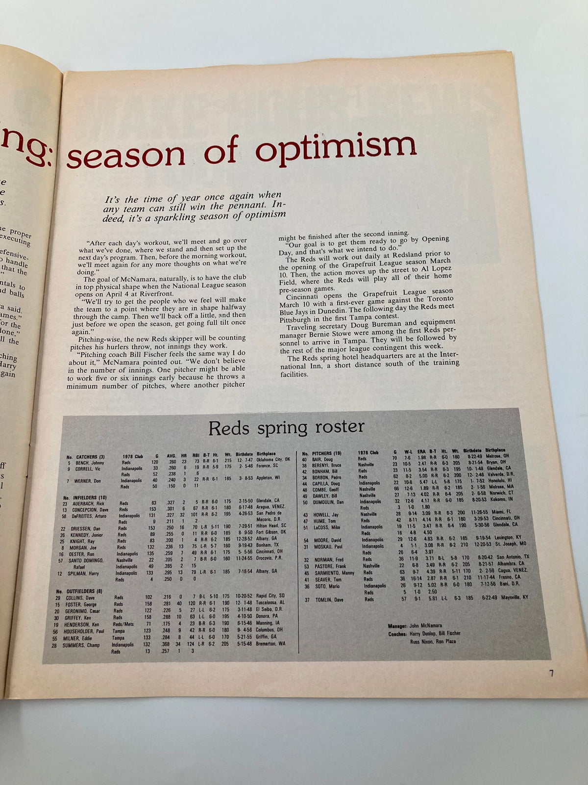 Article page from the February 1979 Reds Vue Spring Training Opens Official Magazine discussing team optimism for the season.