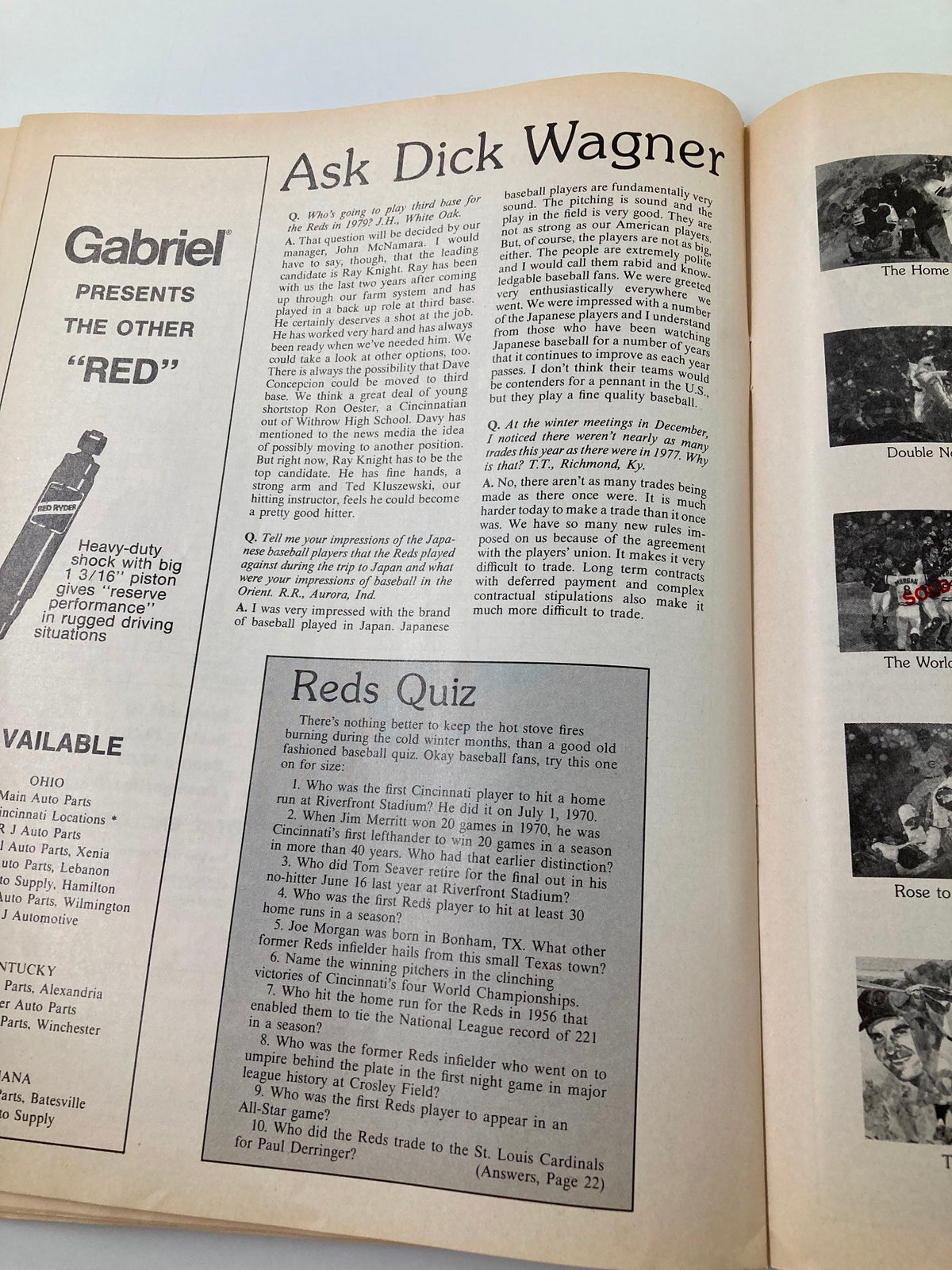 Inside page of February 1979 Vol 1 #3 Reds Vue Spring Training Opens Official Magazine featuring an article titled 'Ask Dick Wagner' discussing Cincinnati Reds' player positions and trades.