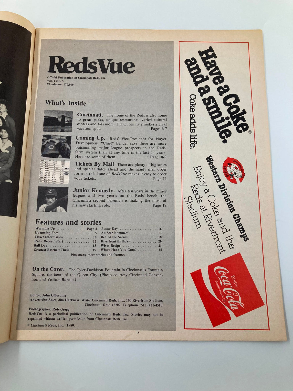 Inside page of May 1980 Vol 2 #5 Reds Vue magazine, featuring Cincinnati Reds highlights and advertisements, showcasing the official publication of the Cincinnati Reds.