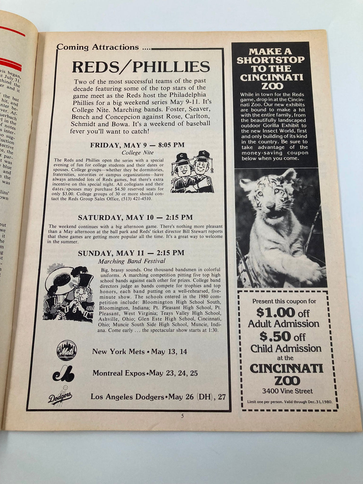 Upcoming events page from May 1980 Vol 2 #5 Reds Vue magazine, detailing the Reds vs Phillies game schedule and promotional activities.