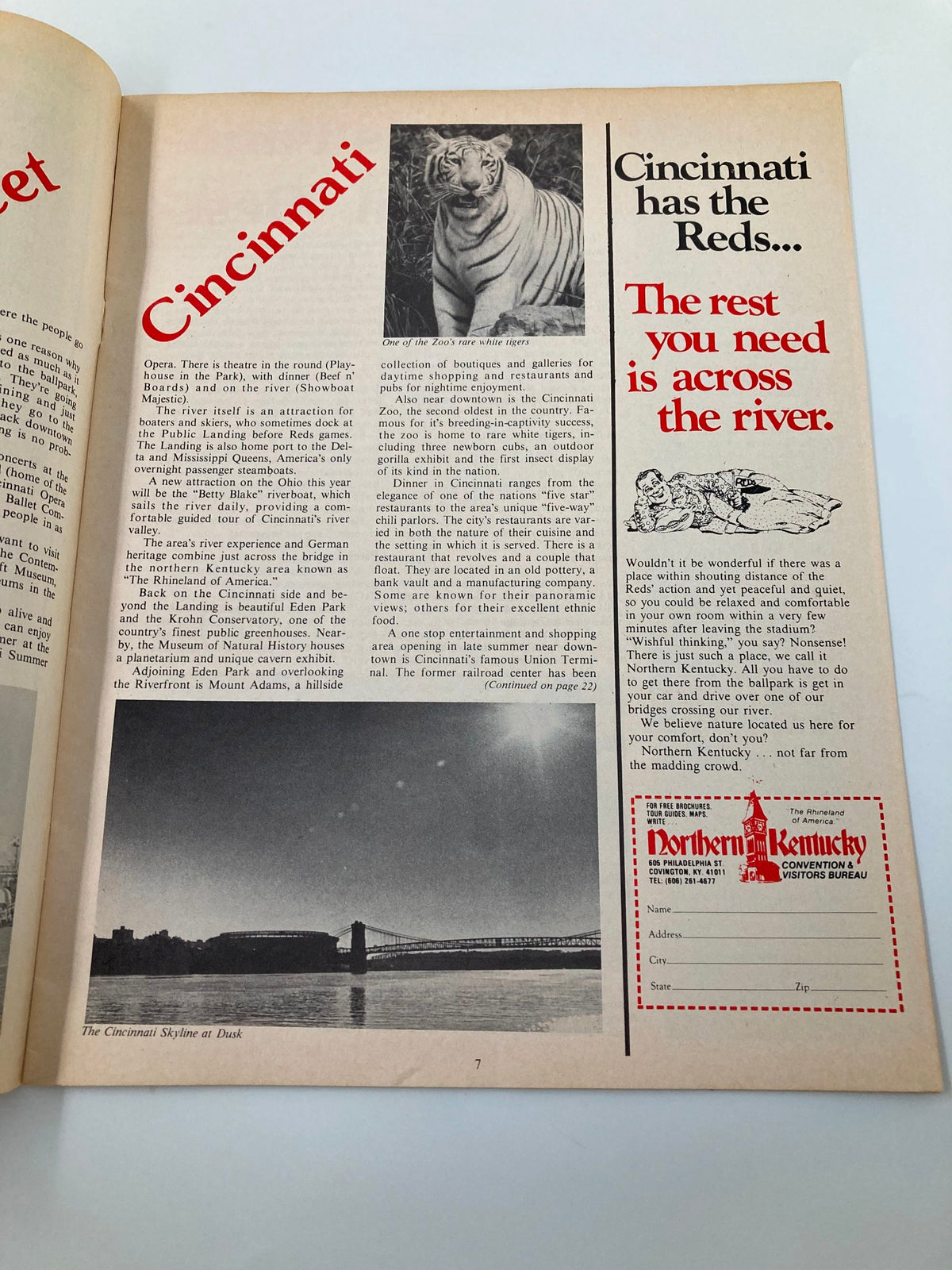 Cincinnati attractions page from May 1980 Vol 2 #5 Reds Vue magazine, highlighting the Cincinnati Zoo and featuring a picture of a rare white tiger.