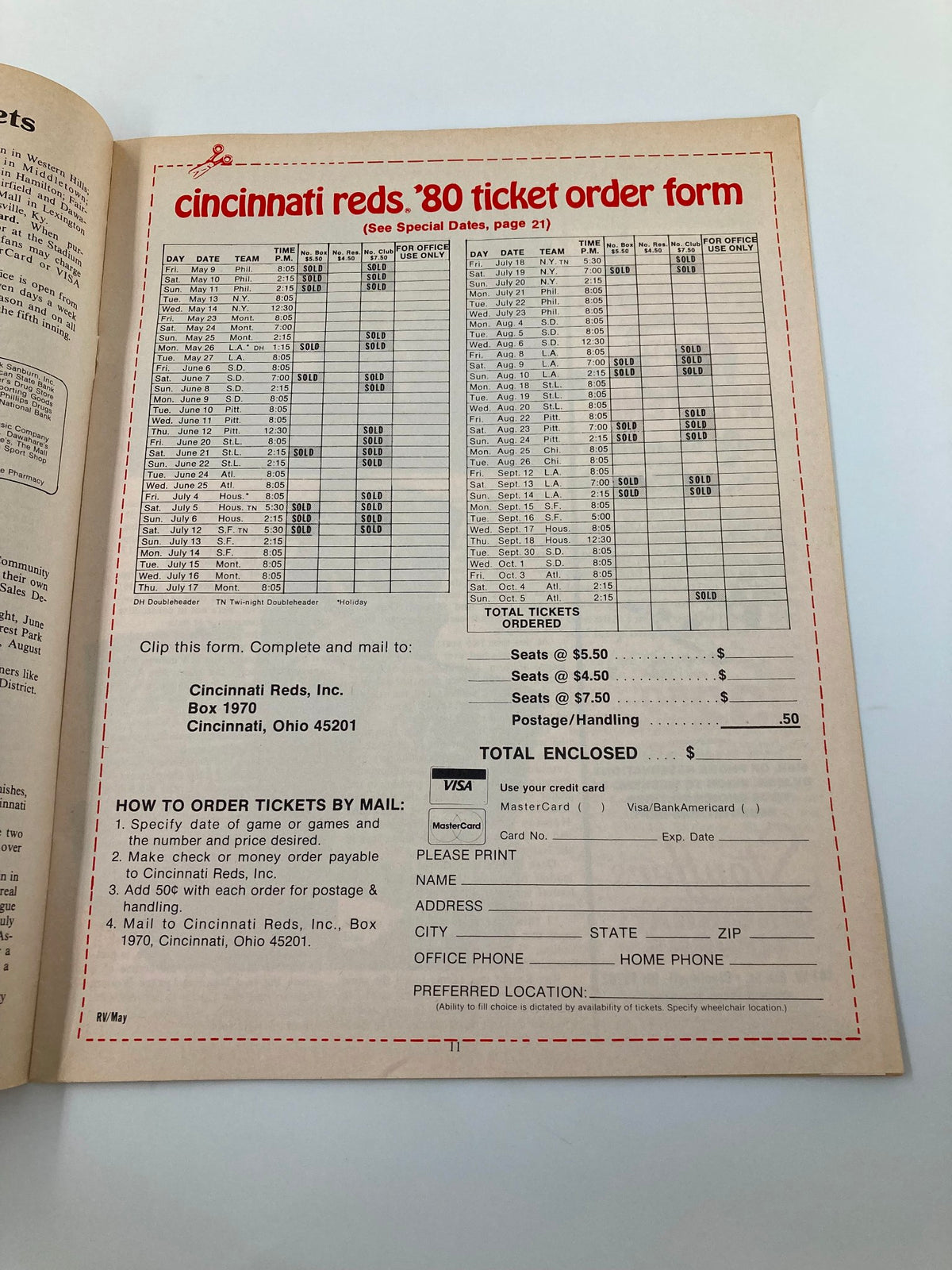 Ticket order form from May 1980 Vol 2 #5 Reds Vue magazine, providing details on how to order tickets for the Cincinnati Reds games.