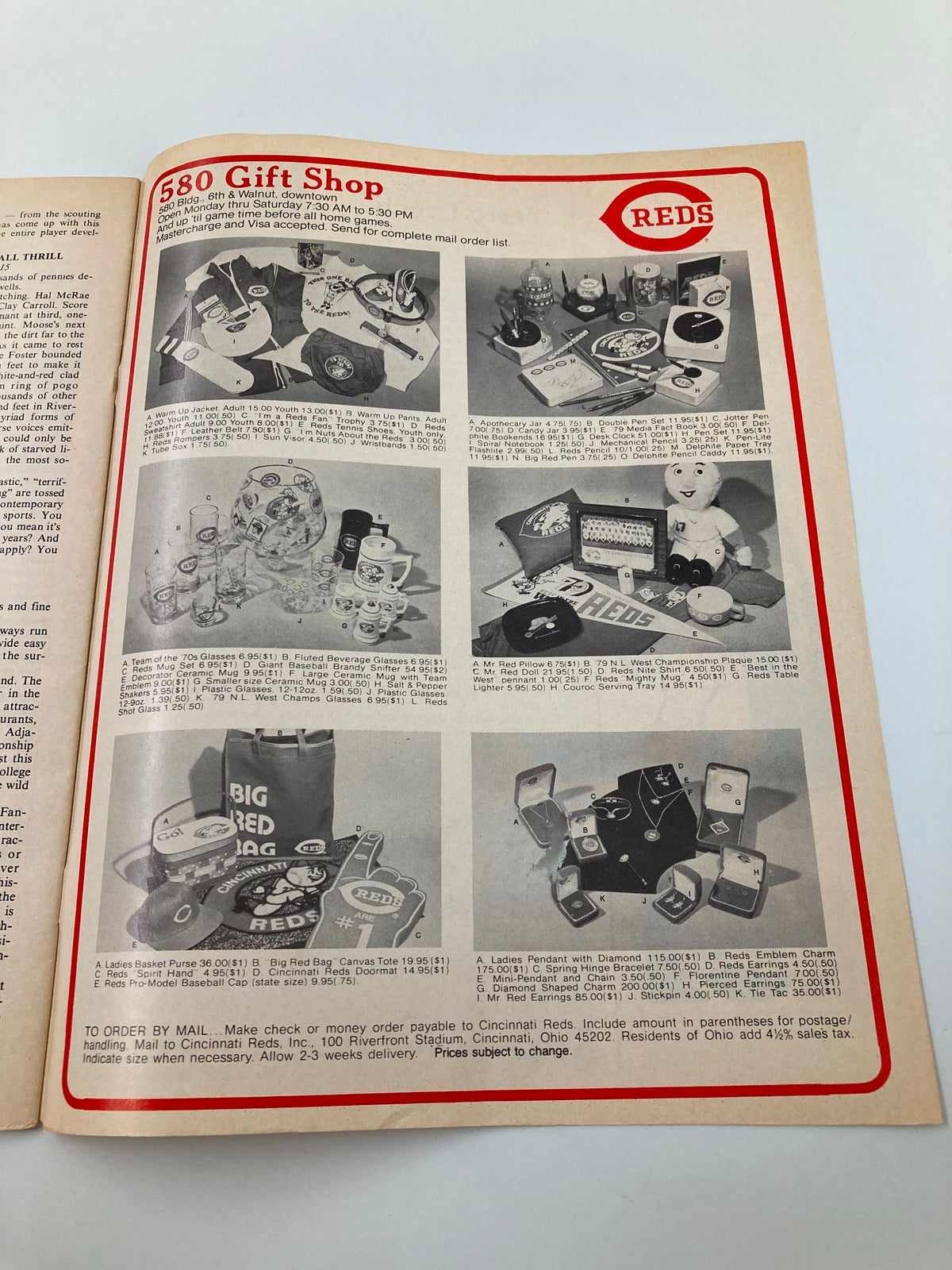 May 1980 Vol 2 #5 Reds Vue Meet Cincinnati Home of the Reds Official Magazine displaying a page from the 580 Gift Shop with merchandise and memorabilia available for Cincinnati Reds fans.